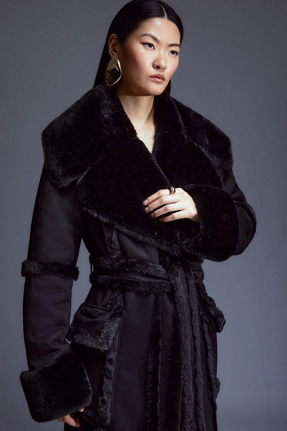 Faux Shearling Collar & Cuff Tie Belt Maxi Coat BKK10170