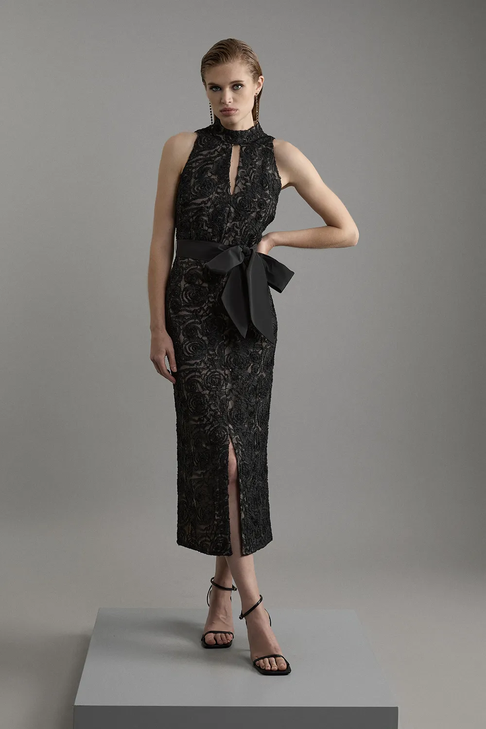 Petite Beaded Textured Lace Halter Woven Maxi Dress BKK21679