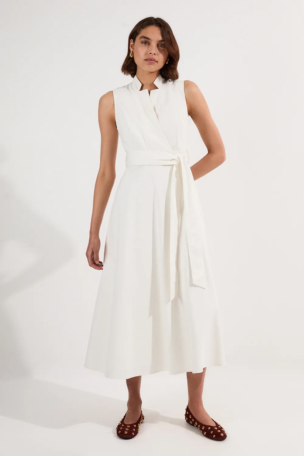 Denim Tailored Notch Neck Belted Fluid Midi Dress BKK12614