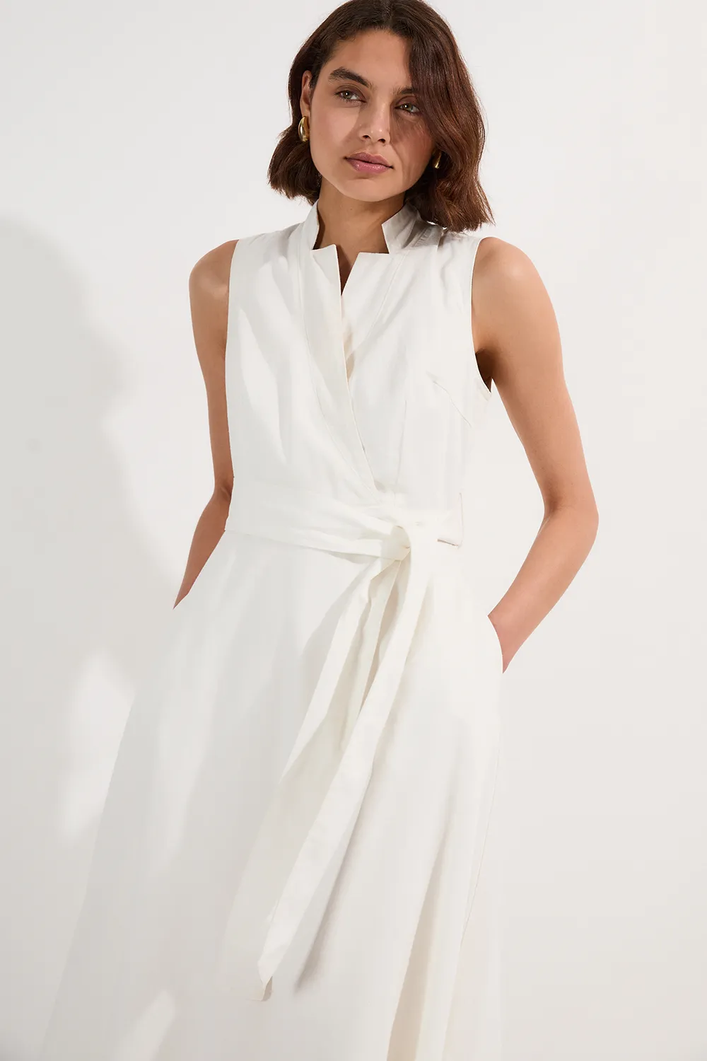 Denim Tailored Notch Neck Belted Fluid Midi Dress BKK12614