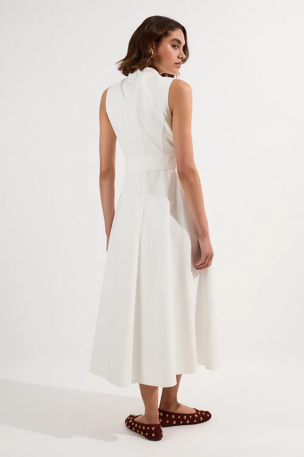 Denim Tailored Notch Neck Belted Fluid Midi Dress BKK12614