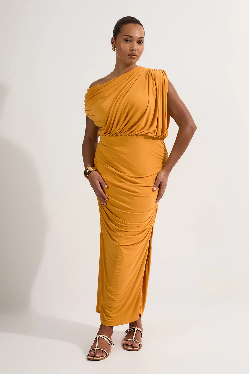 Plus Size Jersey Crepe Asymmetric Neckline Maxi Dress BKK13031
