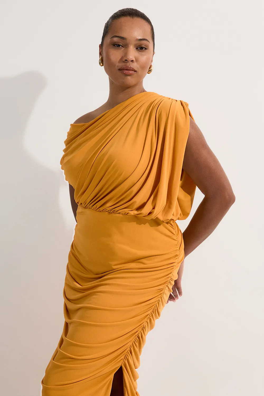 Plus Size Jersey Crepe Asymmetric Neckline Maxi Dress BKK13031
