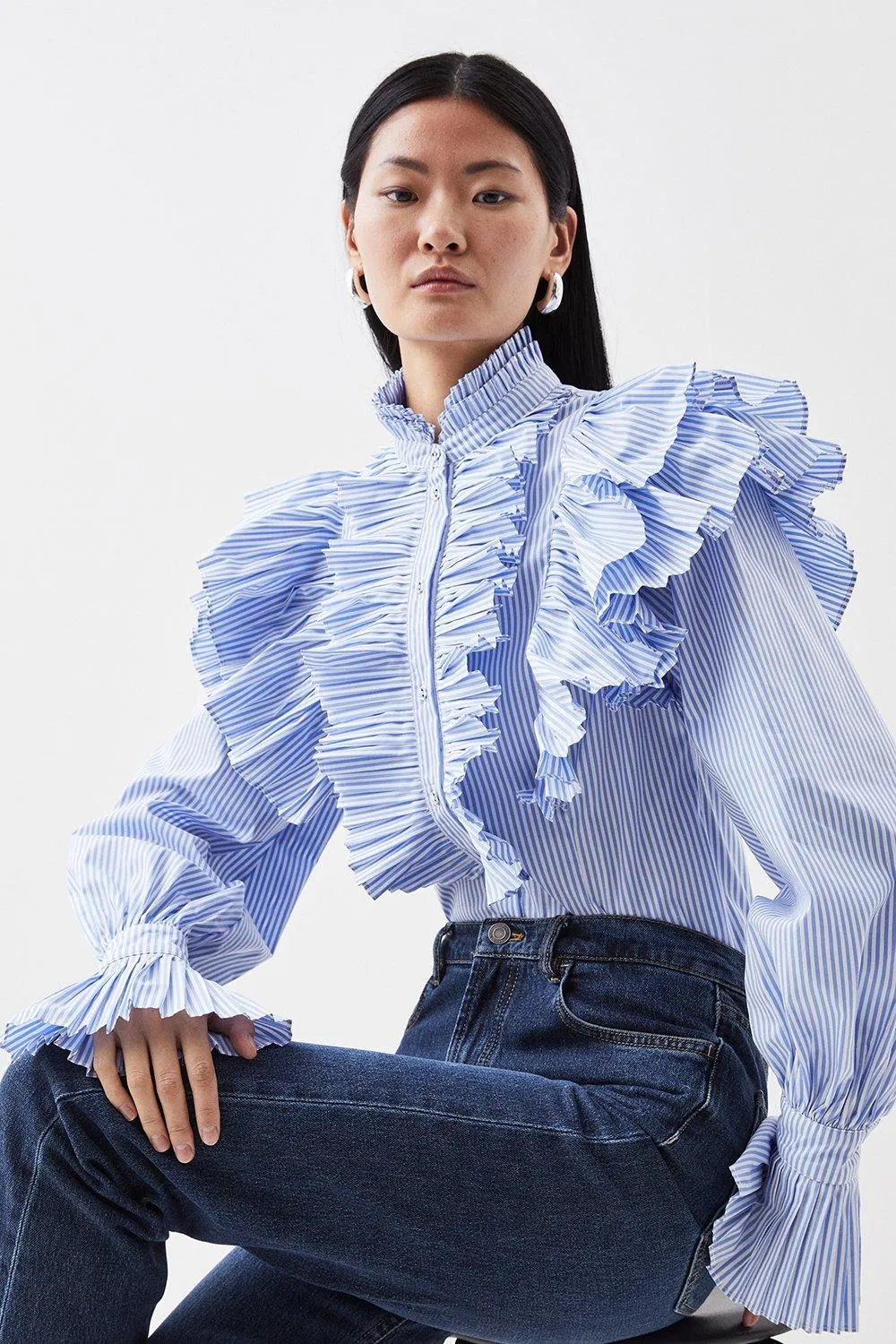 Pleated Striped Ruffle Woven Shirt BKK13036