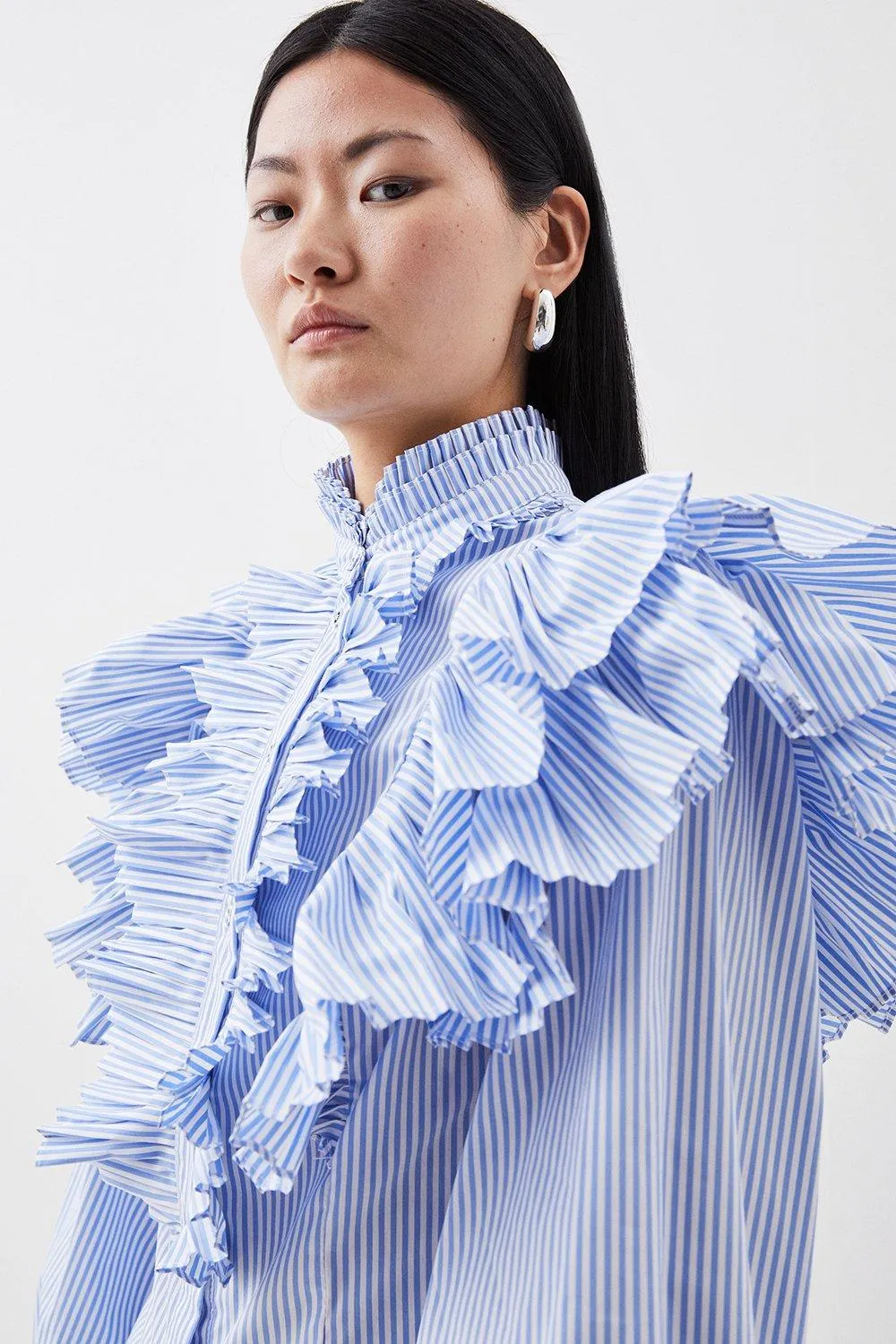 Pleated Striped Ruffle Woven Shirt BKK13036