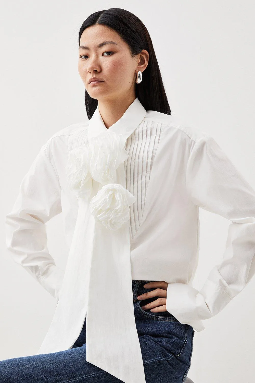 Striped Cotton Woven Shirt With Rosette BKK13278
