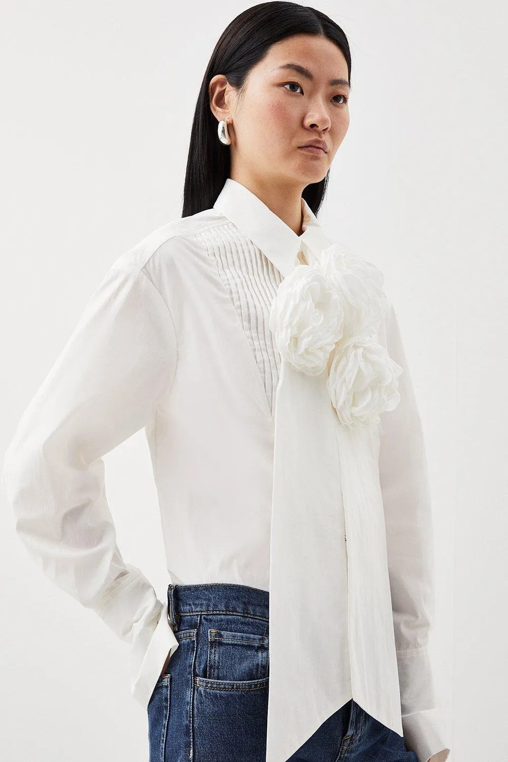 Striped Cotton Woven Shirt With Rosette BKK13278