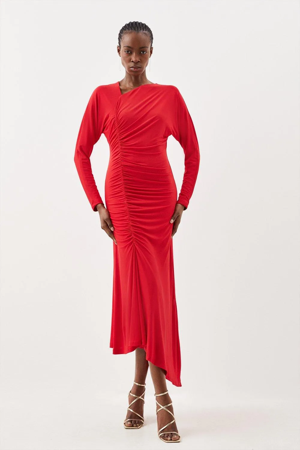 Jersey Crepe Ruched Long Sleeve Midi Dress BKK13454