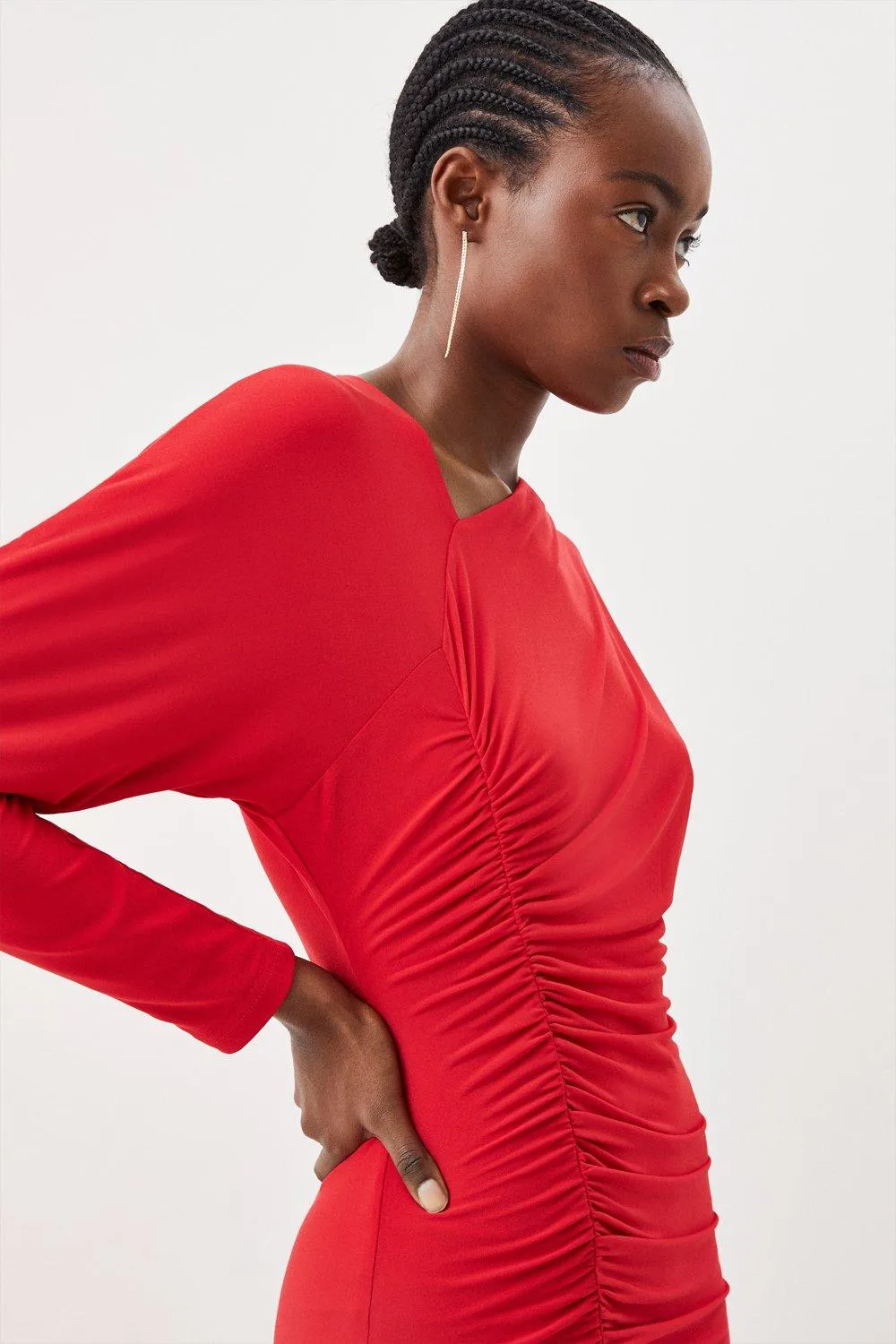 Jersey Crepe Ruched Long Sleeve Midi Dress BKK13454