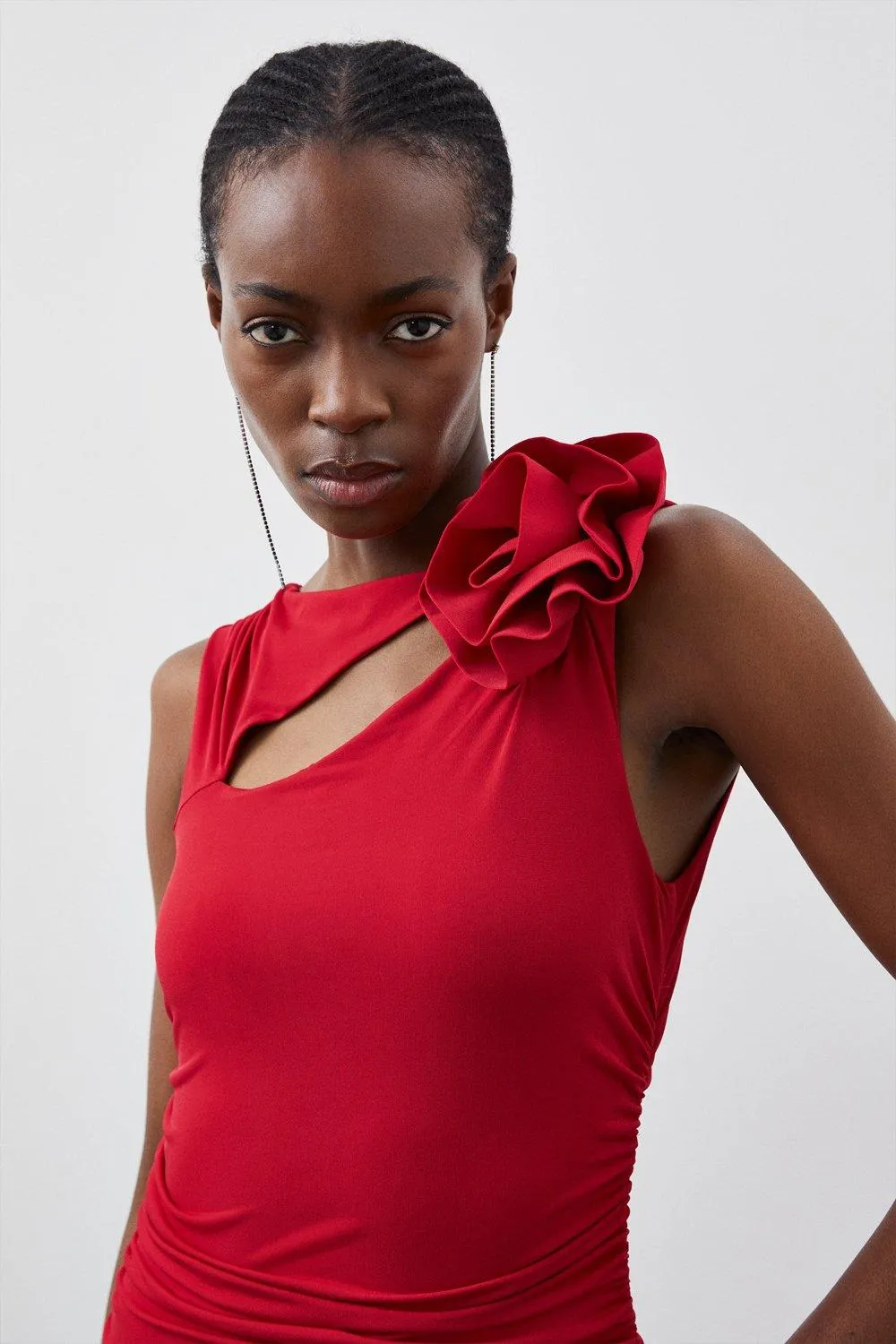 Drapey Ruched Jersey Rosette Maxi Dress BKK15908