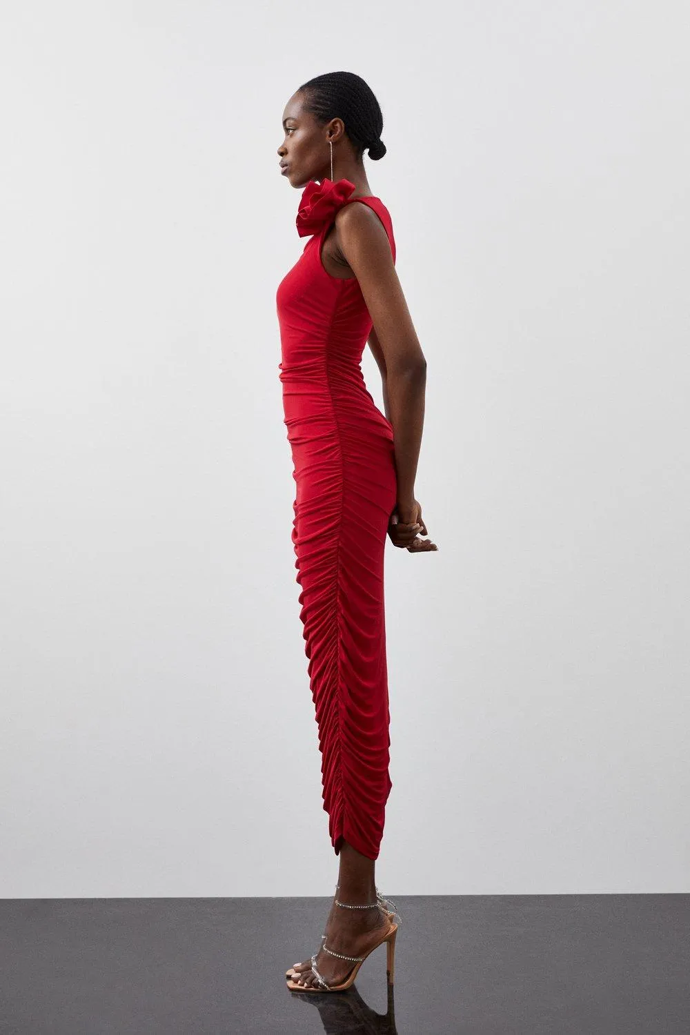 Drapey Ruched Jersey Rosette Maxi Dress BKK15908