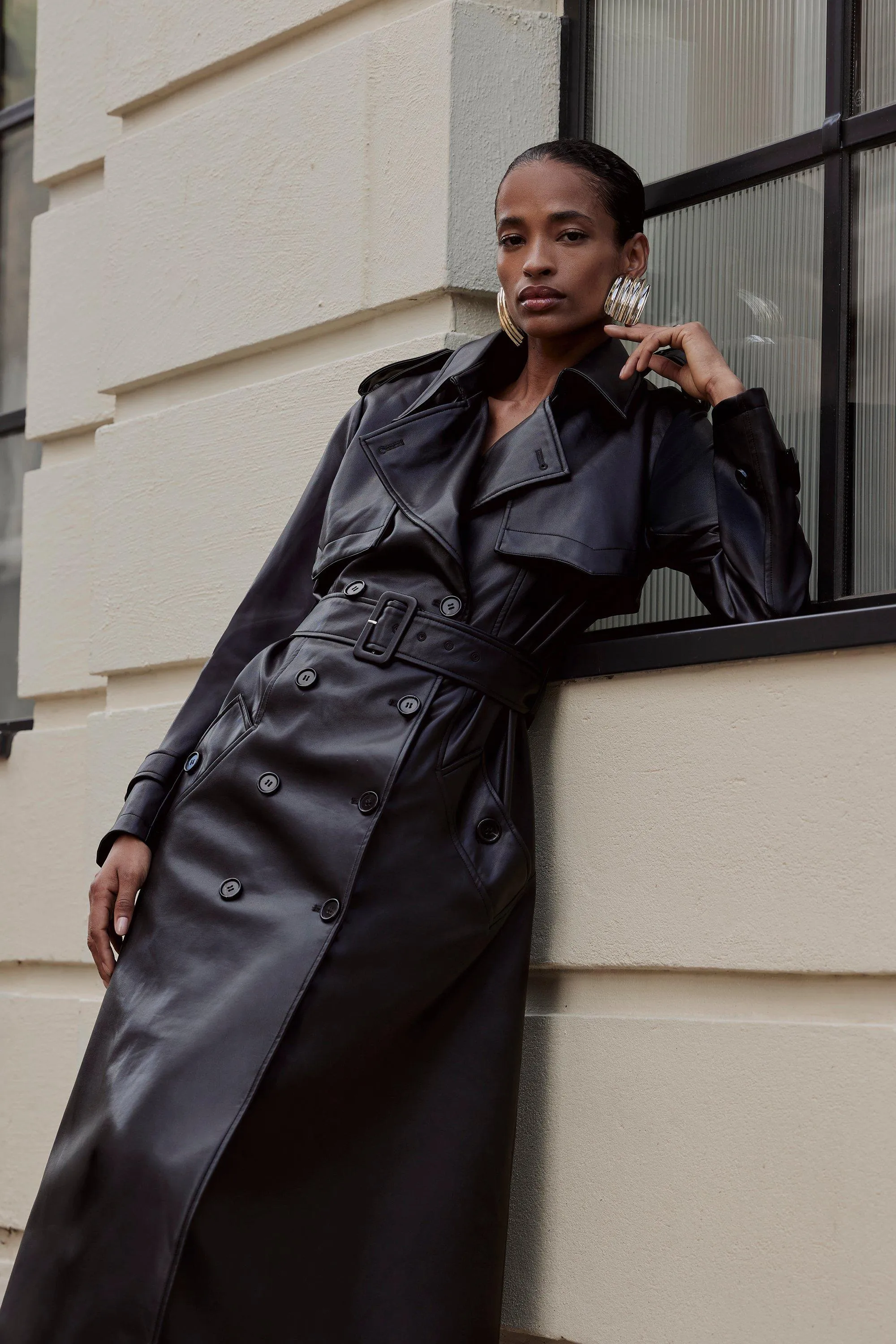 Tailored Faux Leather Belted Trench Coat BKK13827