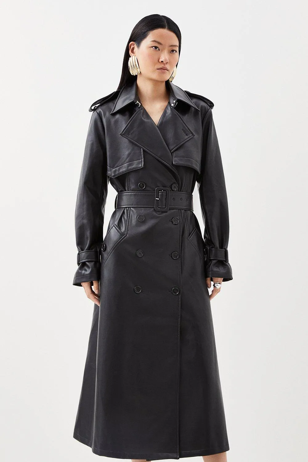 Tailored Faux Leather Belted Trench Coat BKK13827