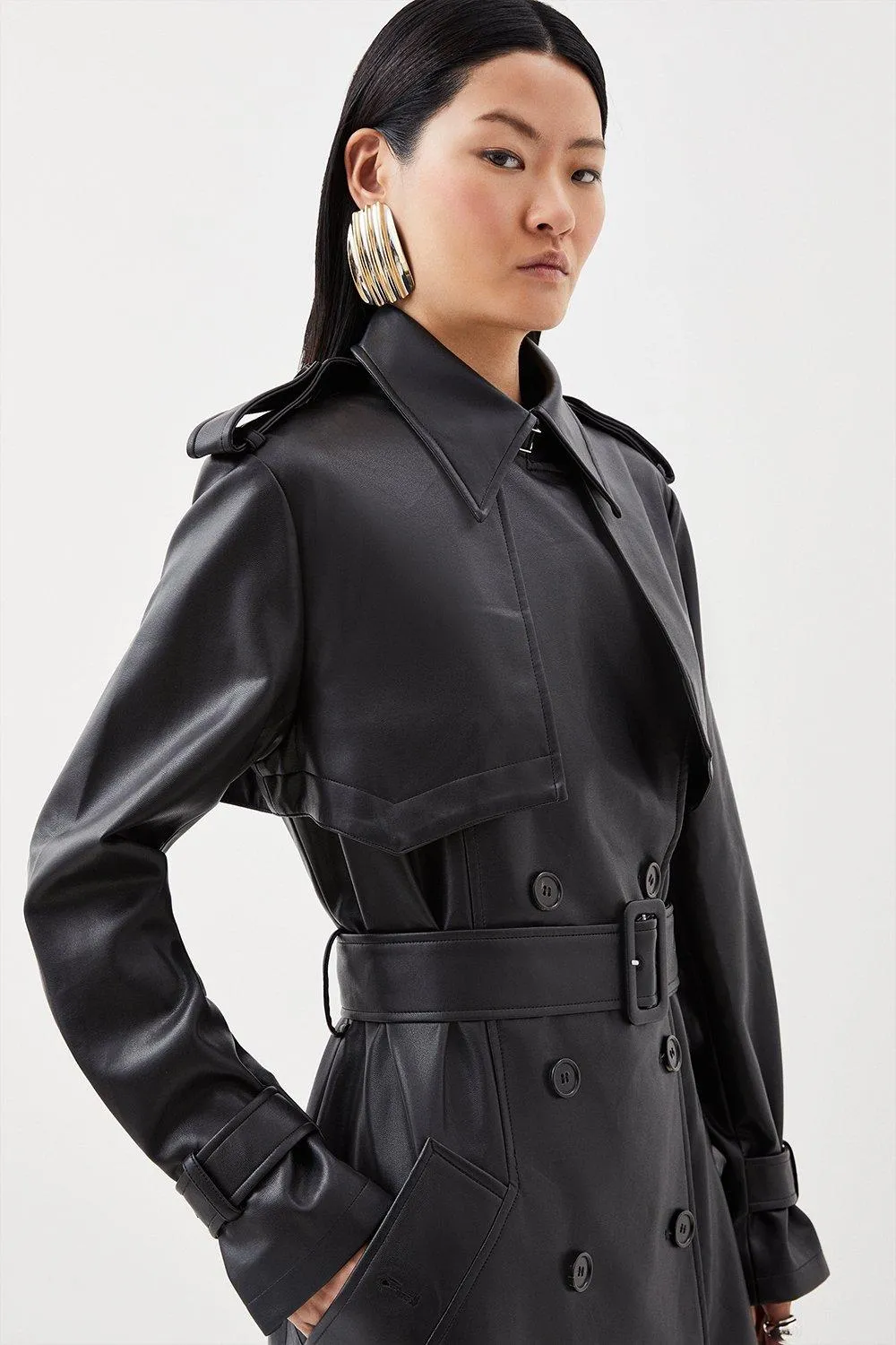 Tailored Faux Leather Belted Trench Coat BKK13827 3 Tailored Faux Leather Belted Trench Coat BKK13827