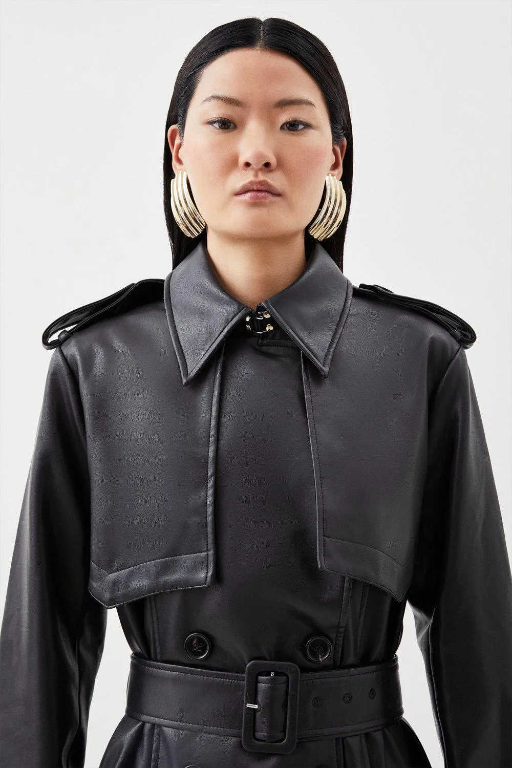 Tailored Faux Leather Belted Trench Coat BKK13827 5 Tailored Faux Leather Belted Trench Coat BKK13827