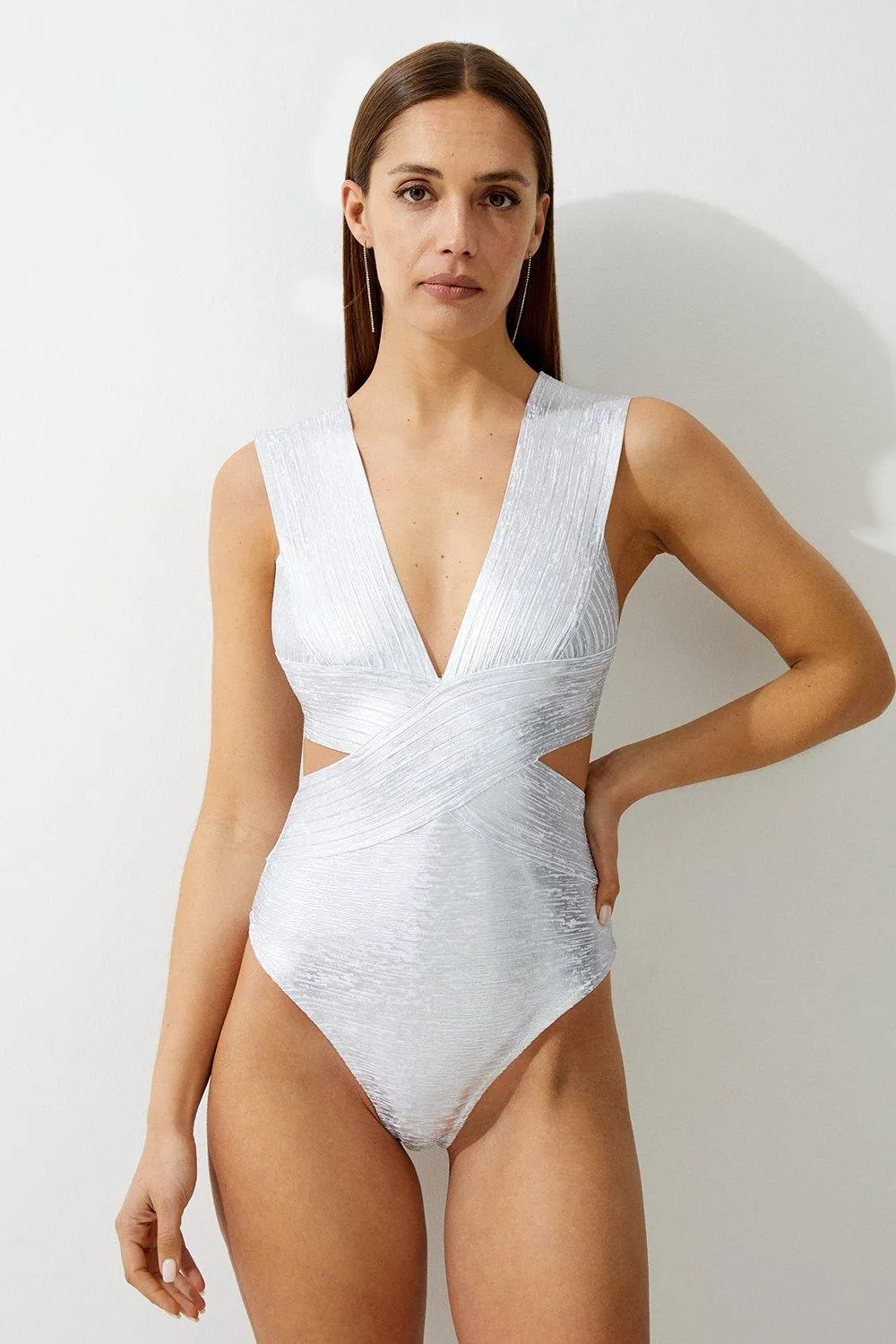 Foiled Bandage Textured V Neck Swimsuit BKK13884