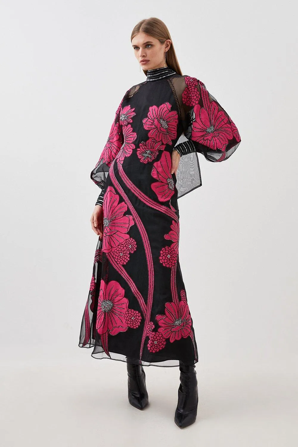 Applique Organdie Floral Graphic Woven Maxi Dress BKK14027