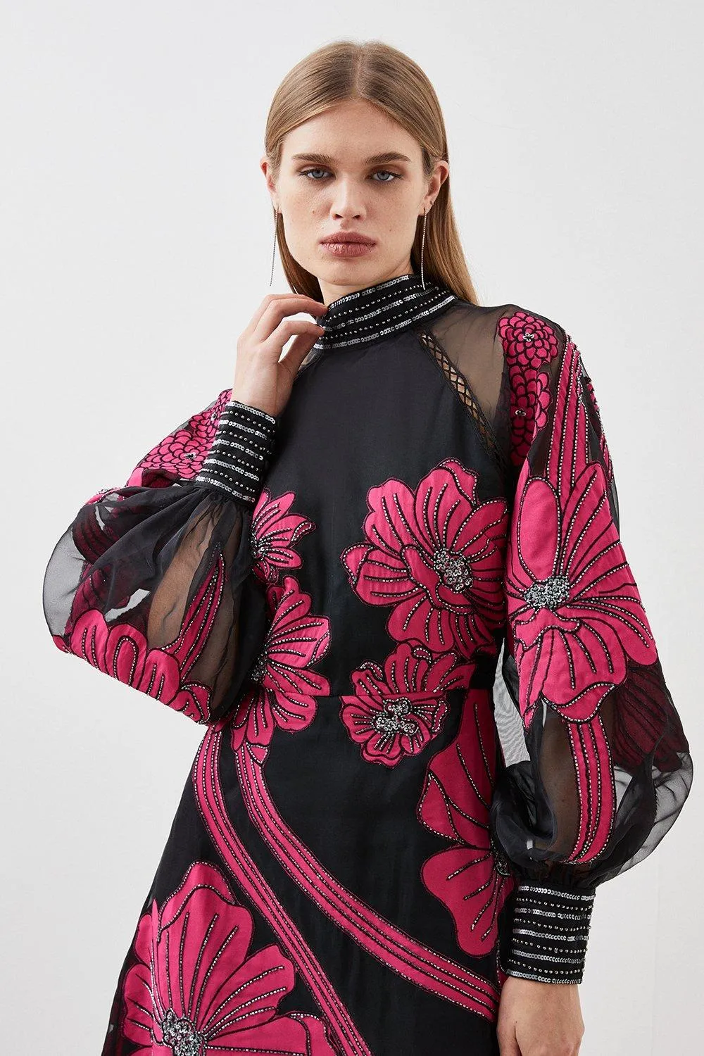 Applique Organdie Floral Graphic Woven Maxi Dress BKK14027