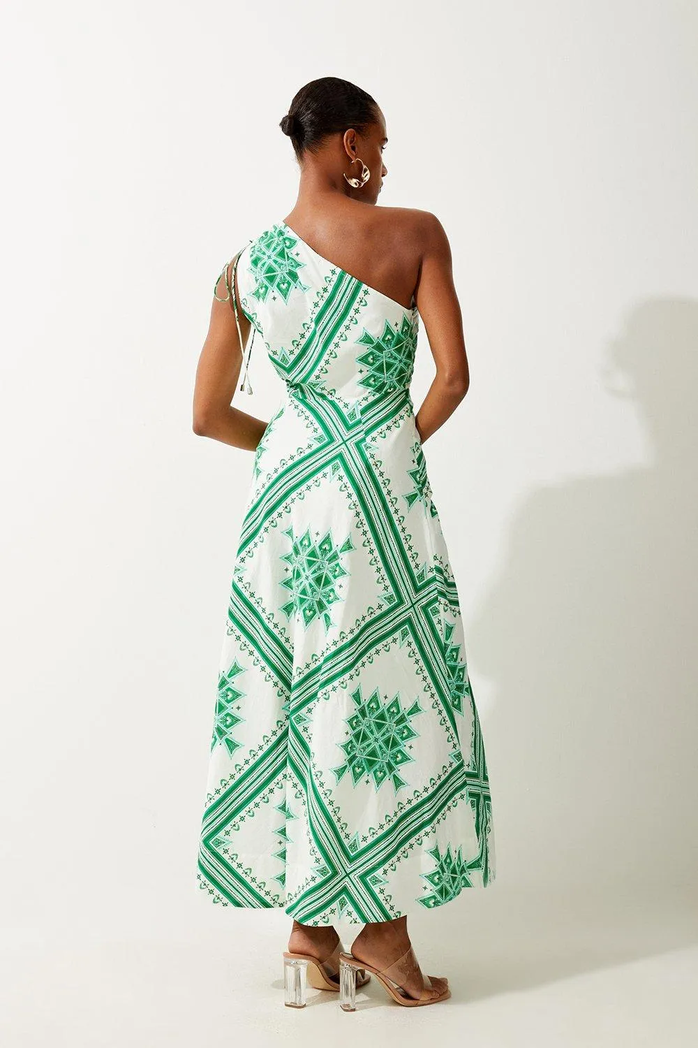 Printed Cotton Voile One Shoulder Midi Dress BKK14371