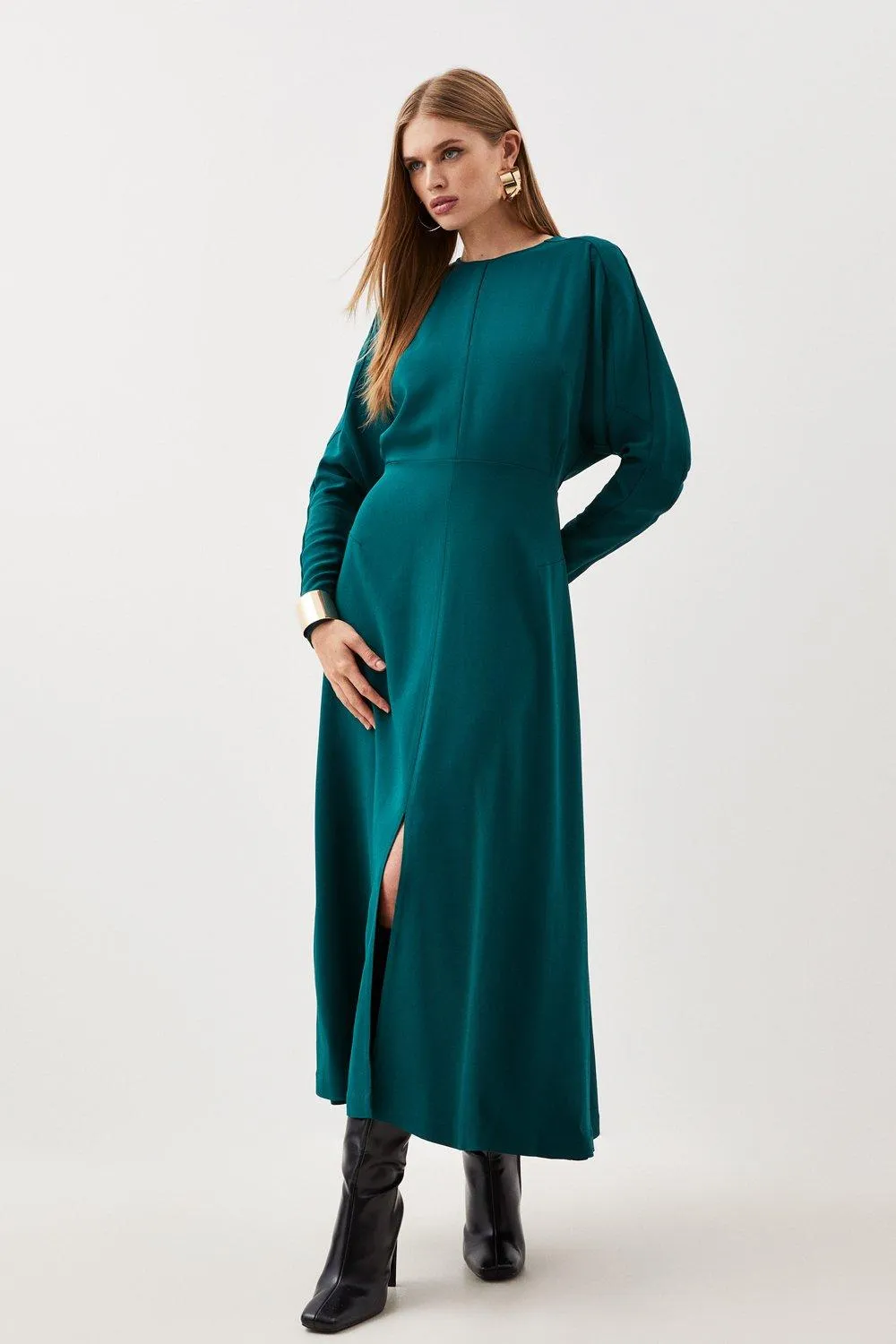 Premium Woven Viscose Crepe Long Sleeve Midi Dress BKK14427