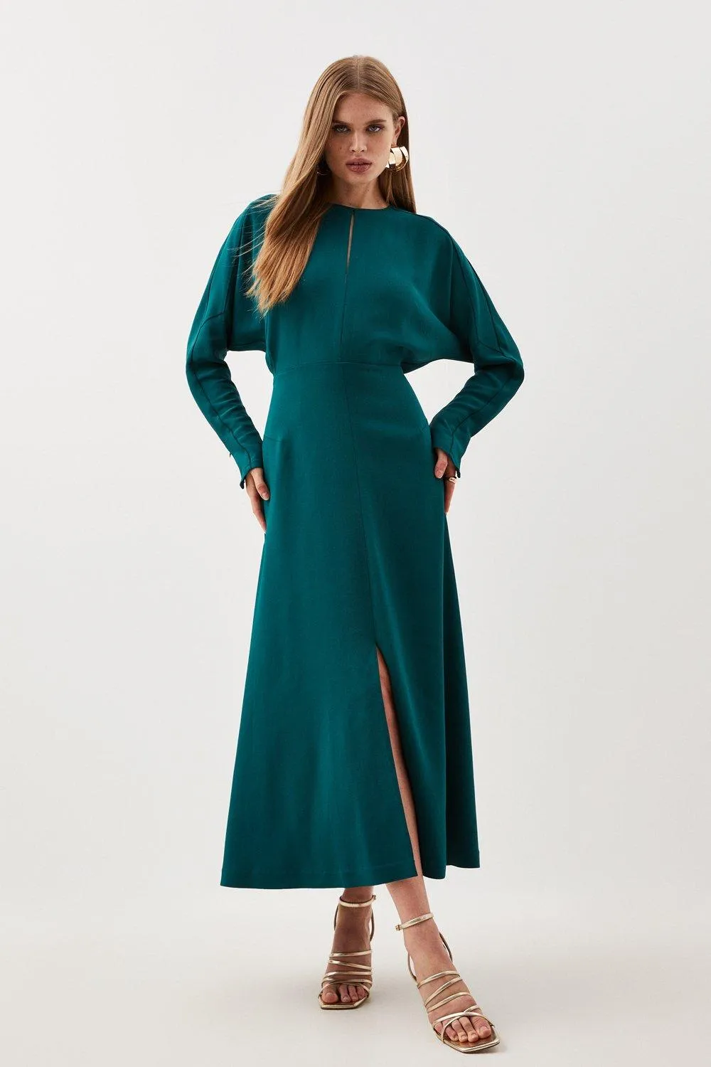 Premium Woven Viscose Crepe Long Sleeve Midi Dress BKK14427