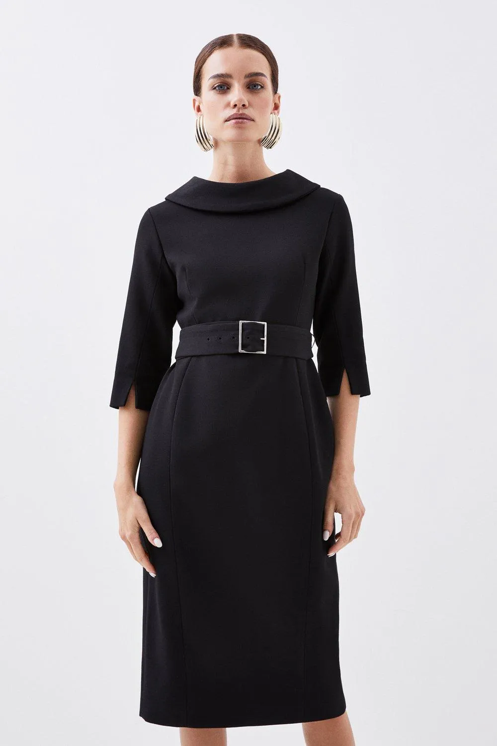 Petite Structured Crepe Turtleneck Belted Tailored Midi Dress BKK14642