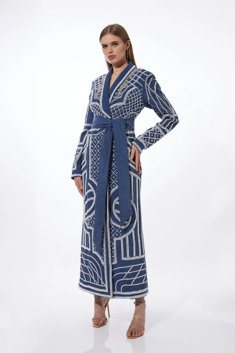 Pearl Embellished Woven Denim Maxi Blazer Dress BKK14693