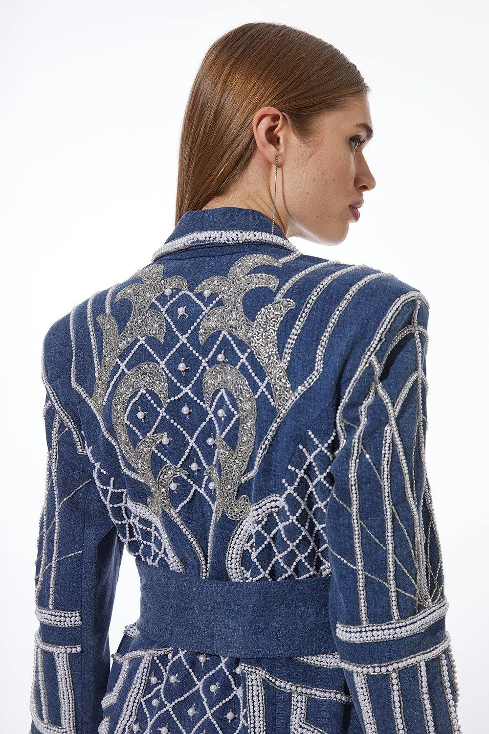 Pearl Embellished Woven Denim Maxi Blazer Dress BKK14693