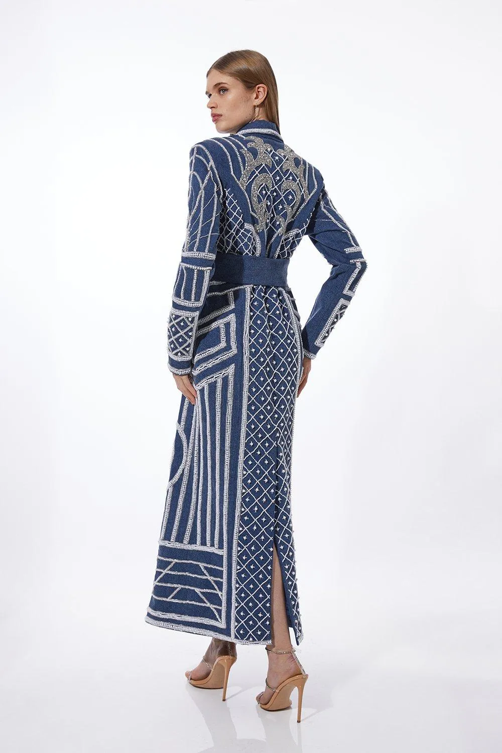 Pearl Embellished Woven Denim Maxi Blazer Dress BKK14693