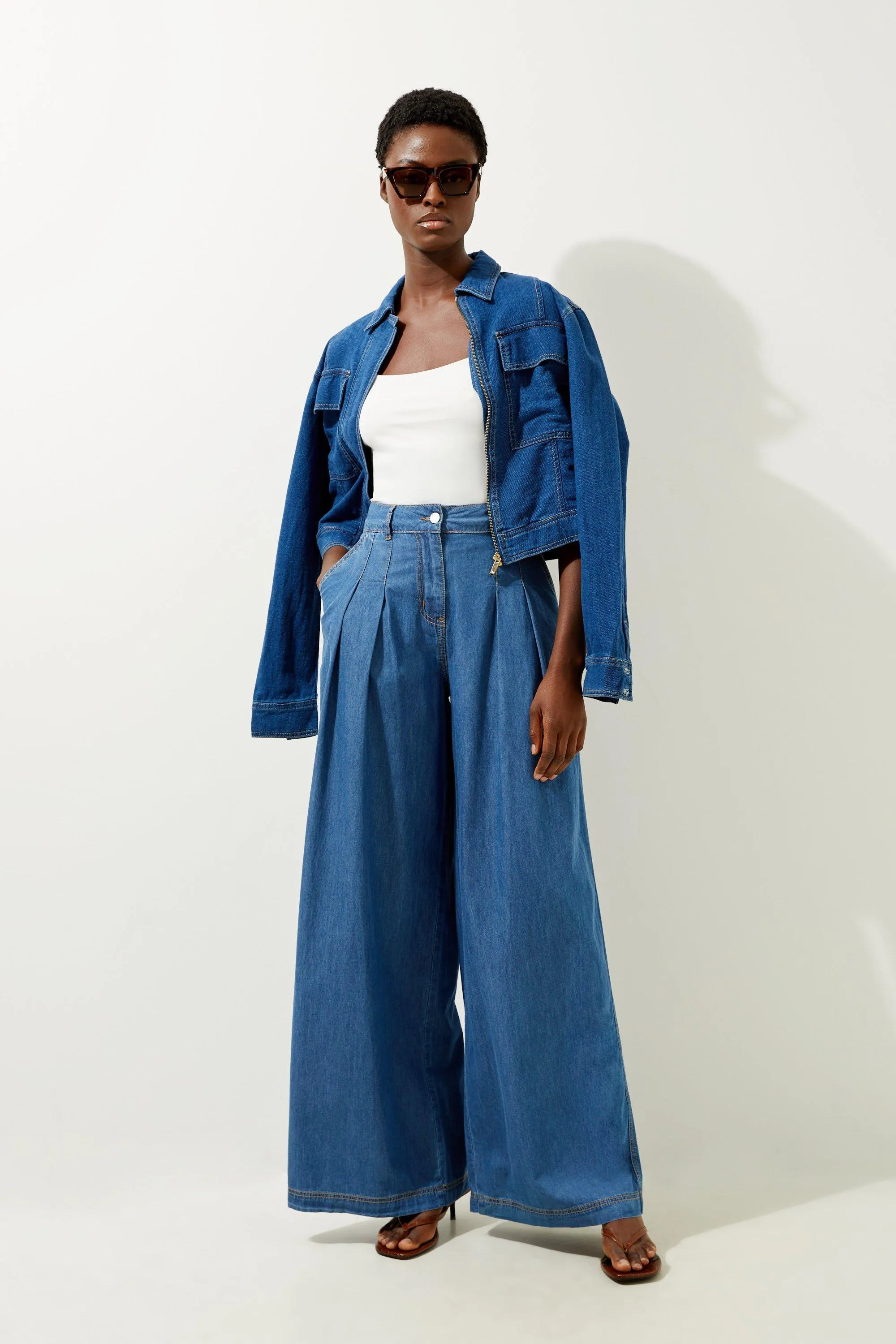 Tailored Chambray Denim Straight Leg Pleated Pants BKK16167 3 Tailored Chambray Denim Straight Leg Pleated Pants BKK16167