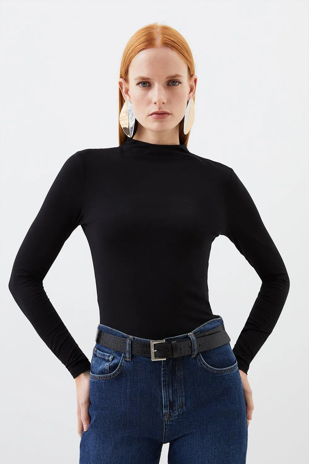 Stretch Cotton Funnel Neck Top BKK15034