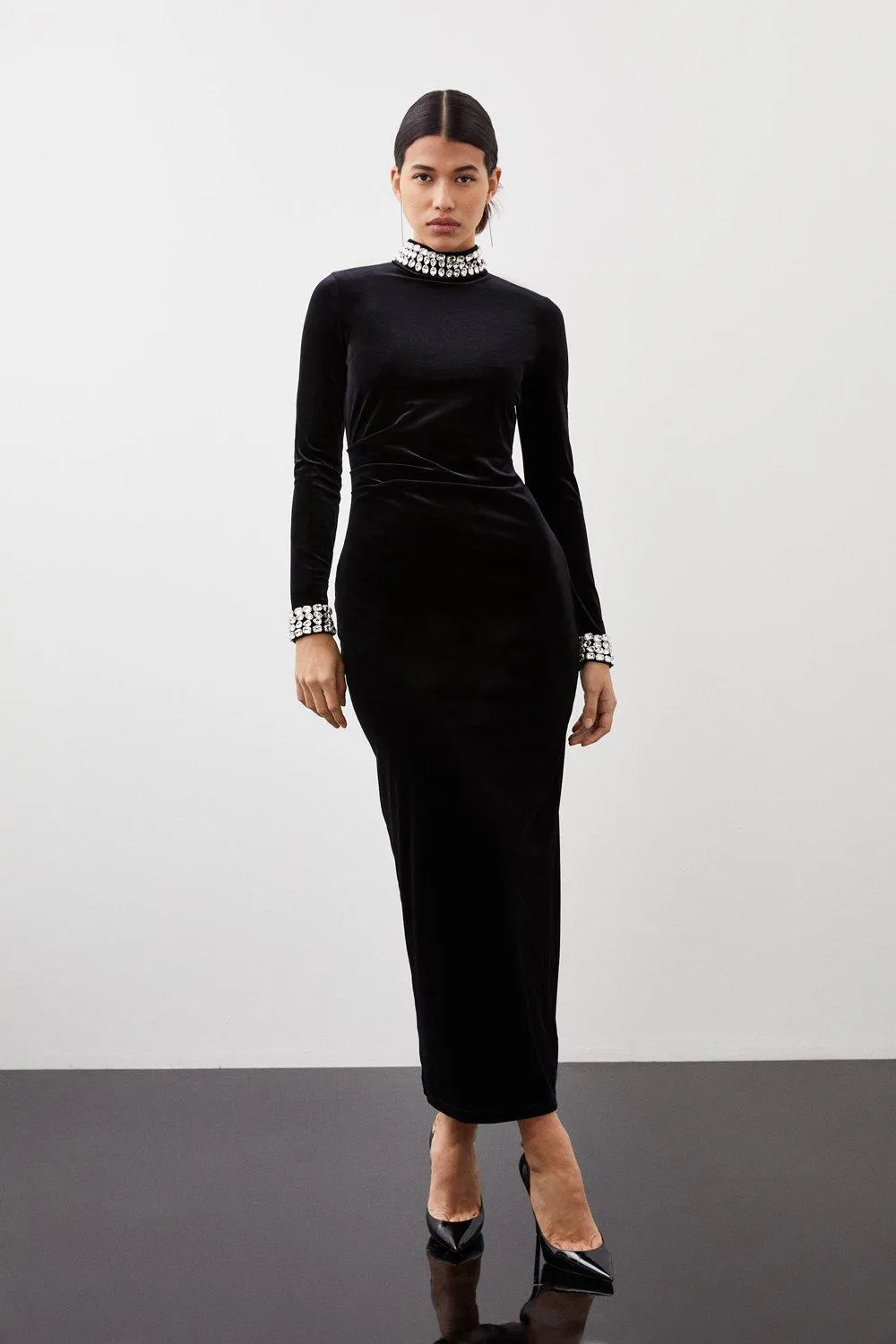 Stretch Velvet Crystal Embellished Long Sleeve Maxi Dress BKK15062