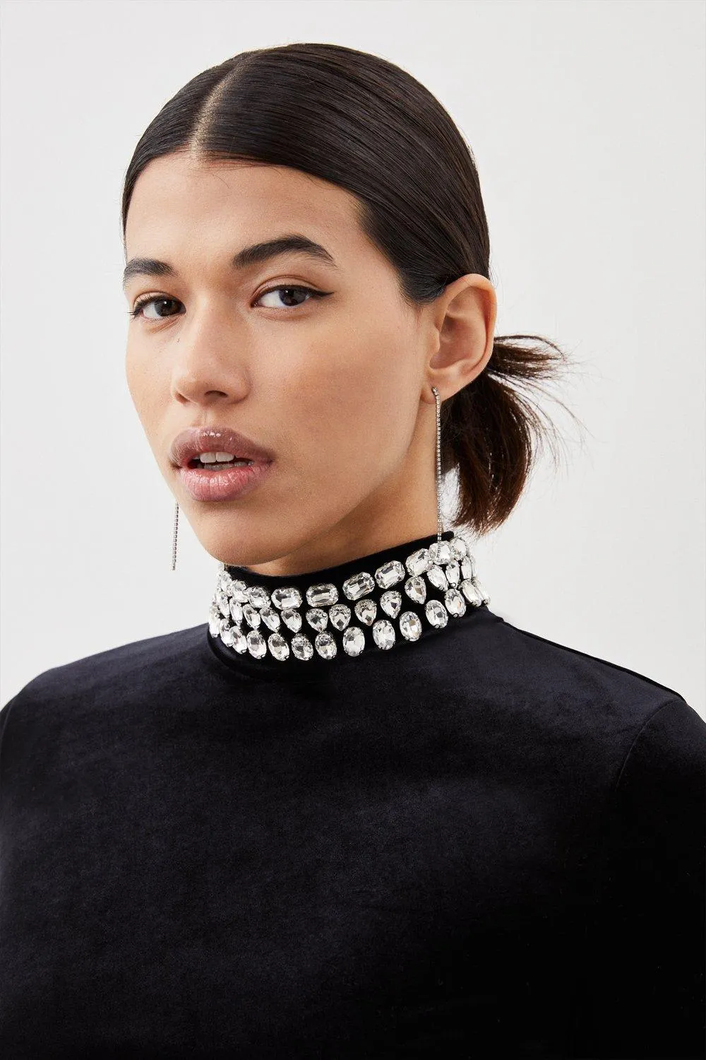 Stretch Velvet Crystal Embellished Long Sleeve Maxi Dress BKK15062