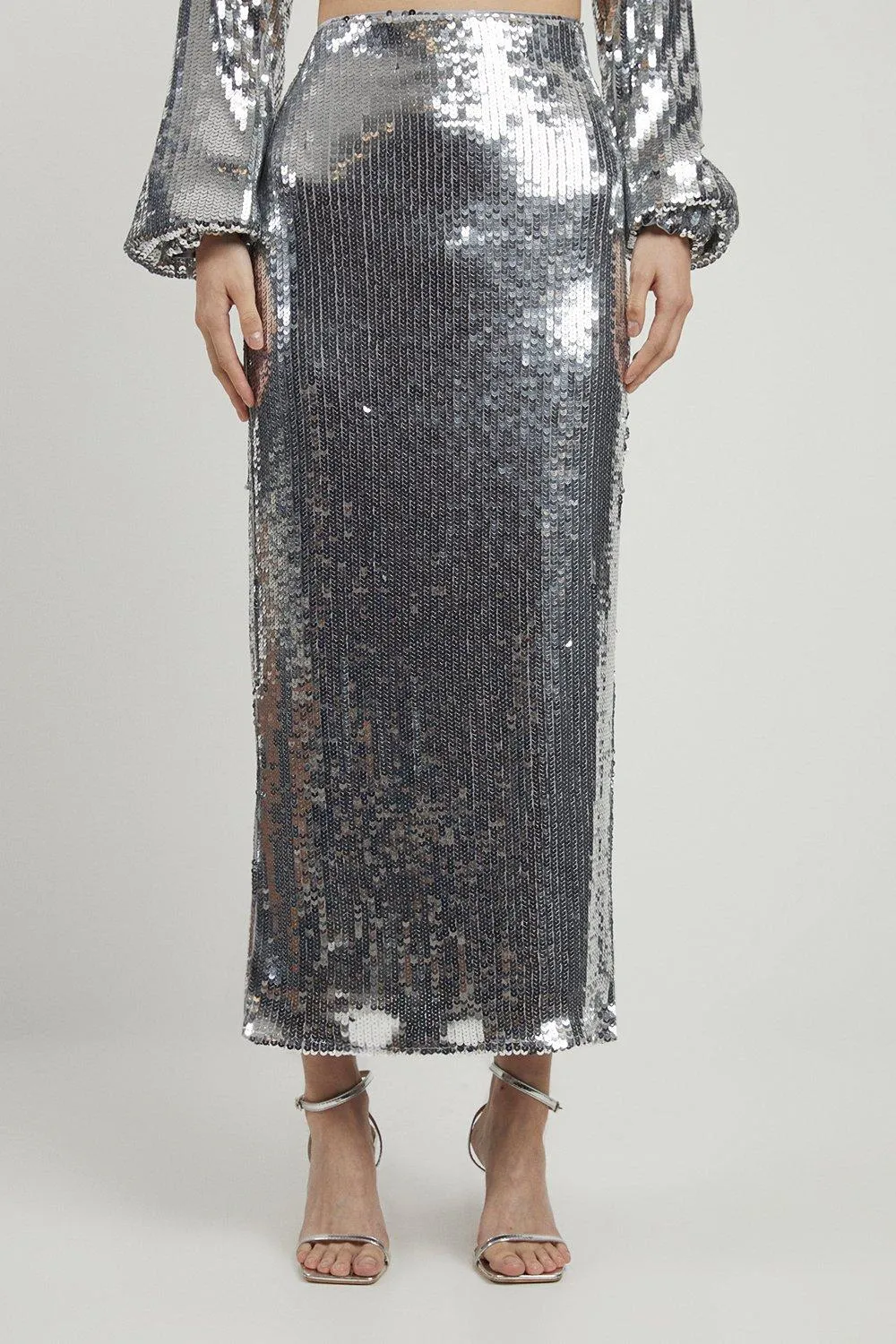 Sequin Front Split Woven Midi Skirt BKK15091