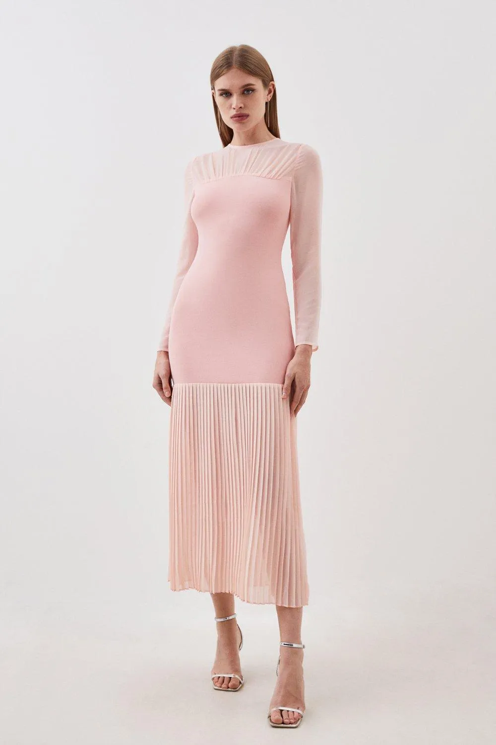 Woven Knit Mix Pleated Midi Dress BKK15295
