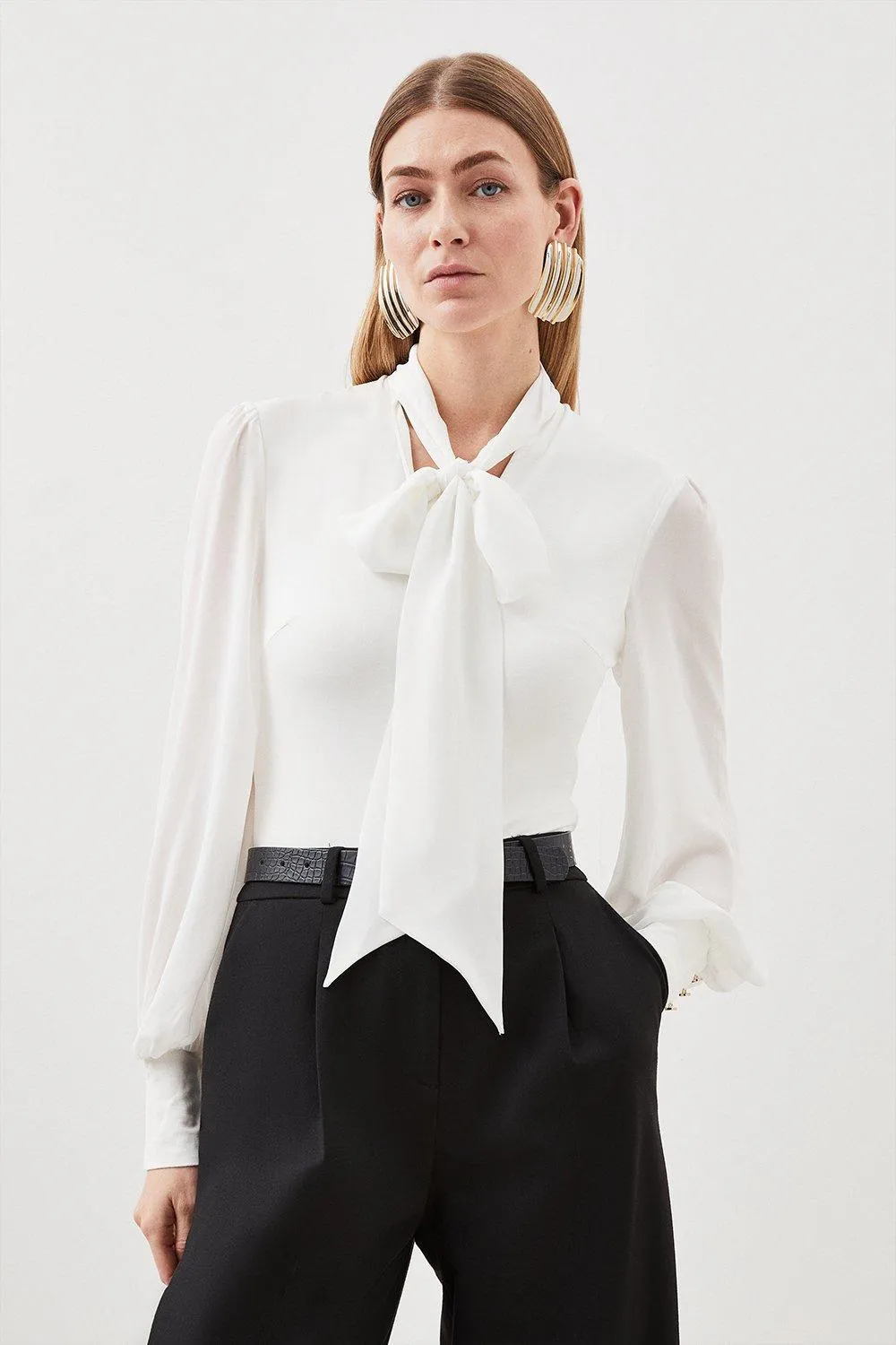 Jersey Ponte And Georgette Mix Tie Neck Long Sleeve Bodysuit BKK15491