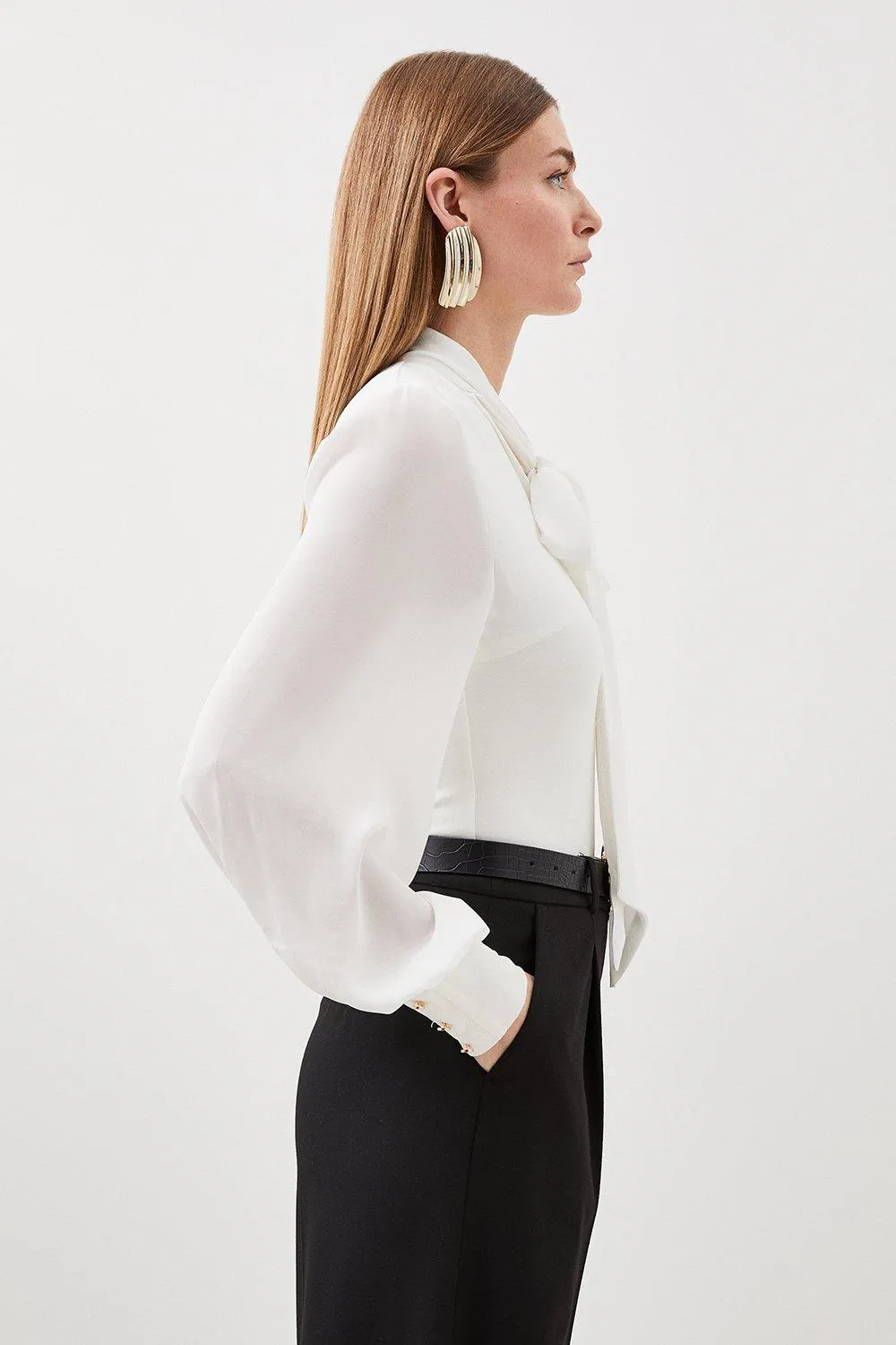 Jersey Ponte And Georgette Mix Tie Neck Long Sleeve Bodysuit BKK15491 3 Jersey Ponte And Georgette Mix Tie Neck Long Sleeve Bodysuit BKK15491