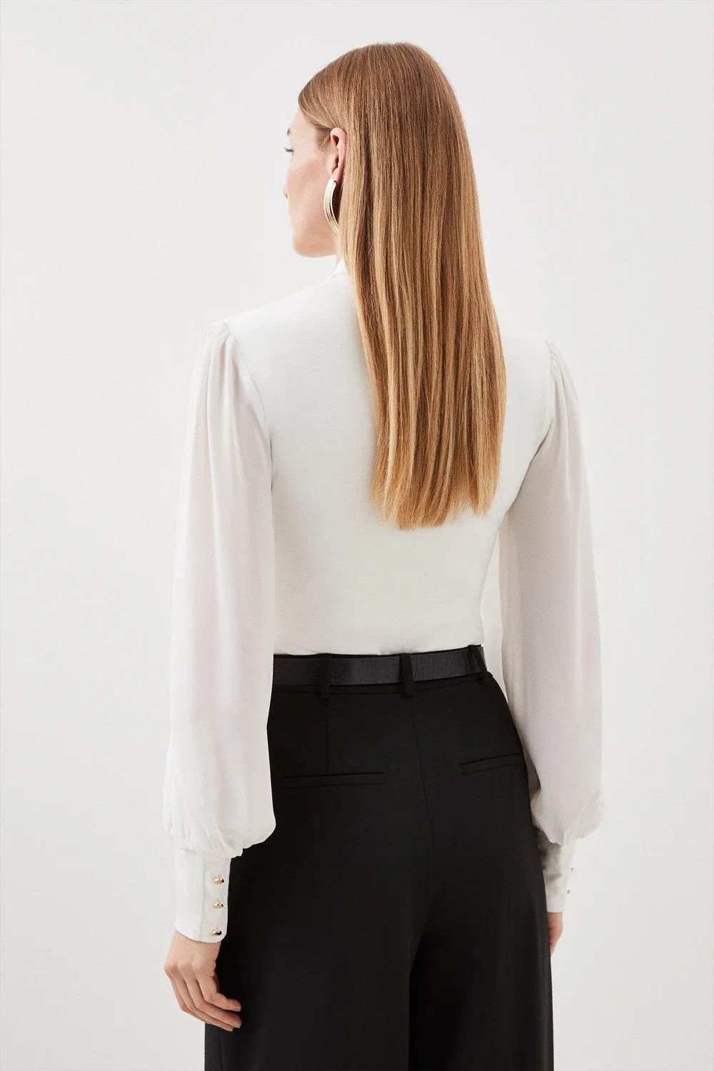 Jersey Ponte And Georgette Mix Tie Neck Long Sleeve Bodysuit BKK15491 5 Jersey Ponte And Georgette Mix Tie Neck Long Sleeve Bodysuit BKK15491