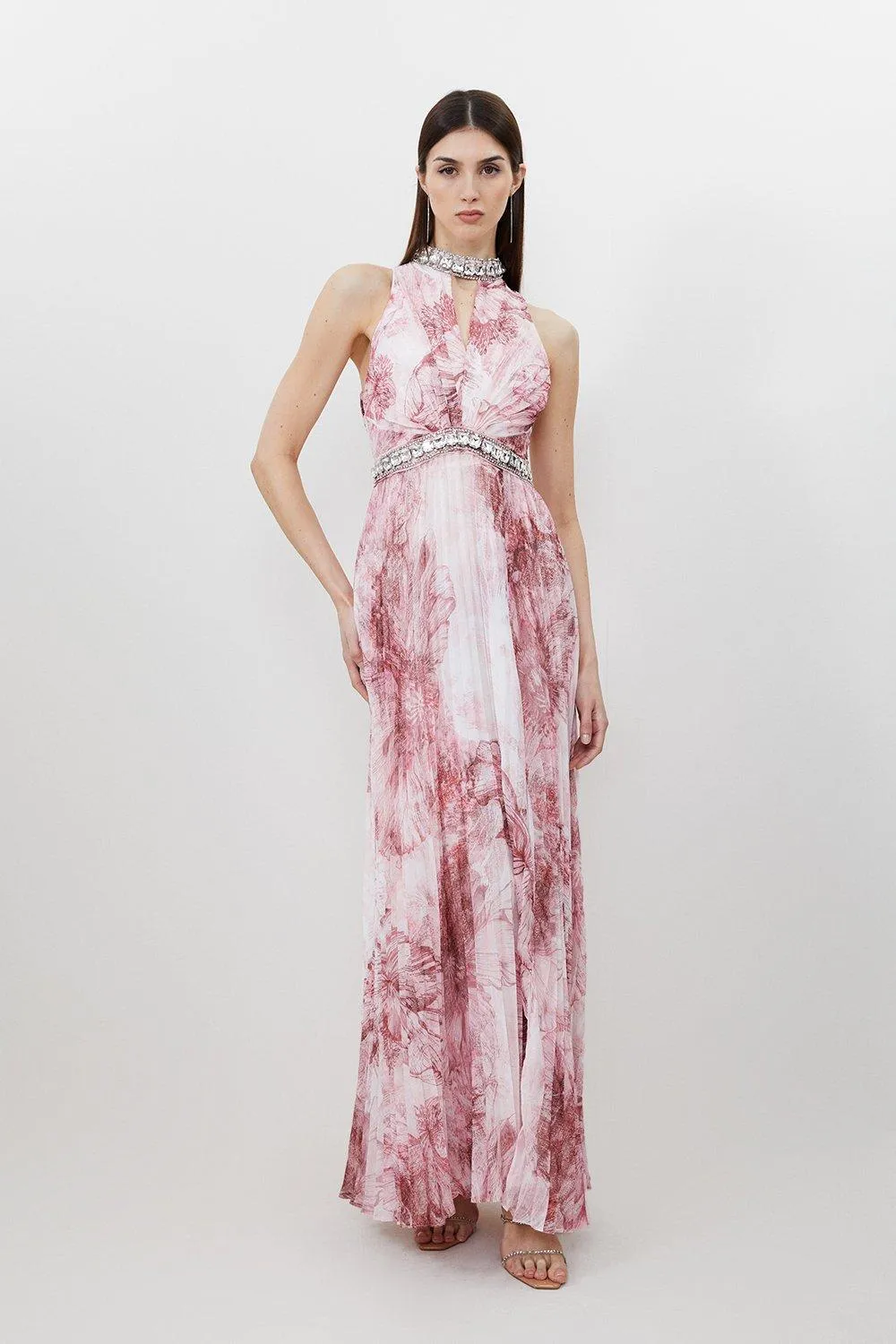 Abstract Floral Crystal Embellished Woven Split Maxi Dress BKK15876