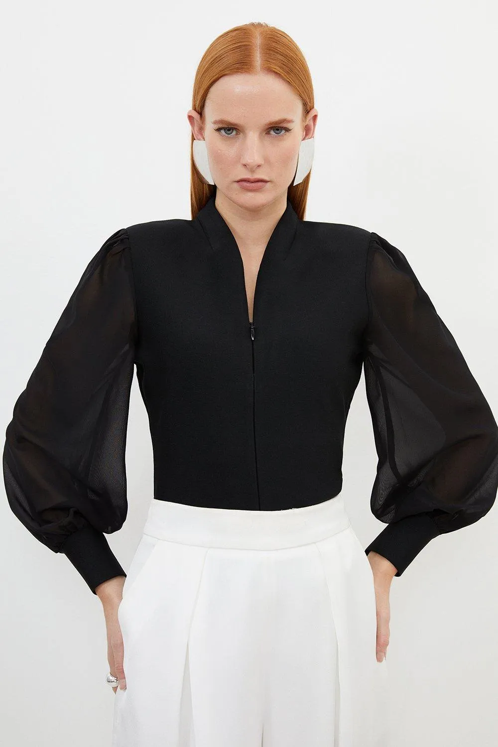 Bandage Figure Form Zip Detail Chiffon Sleeve Knit Top BKK16578