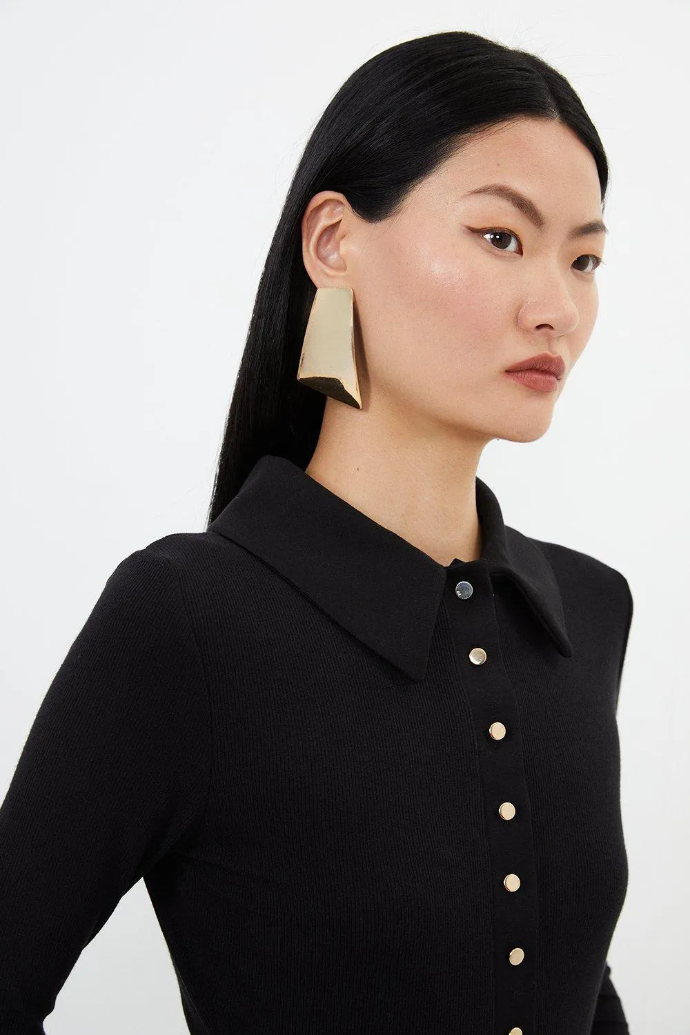 Viscose Rib Jersey Long Sleeve Collared Top BKK17657