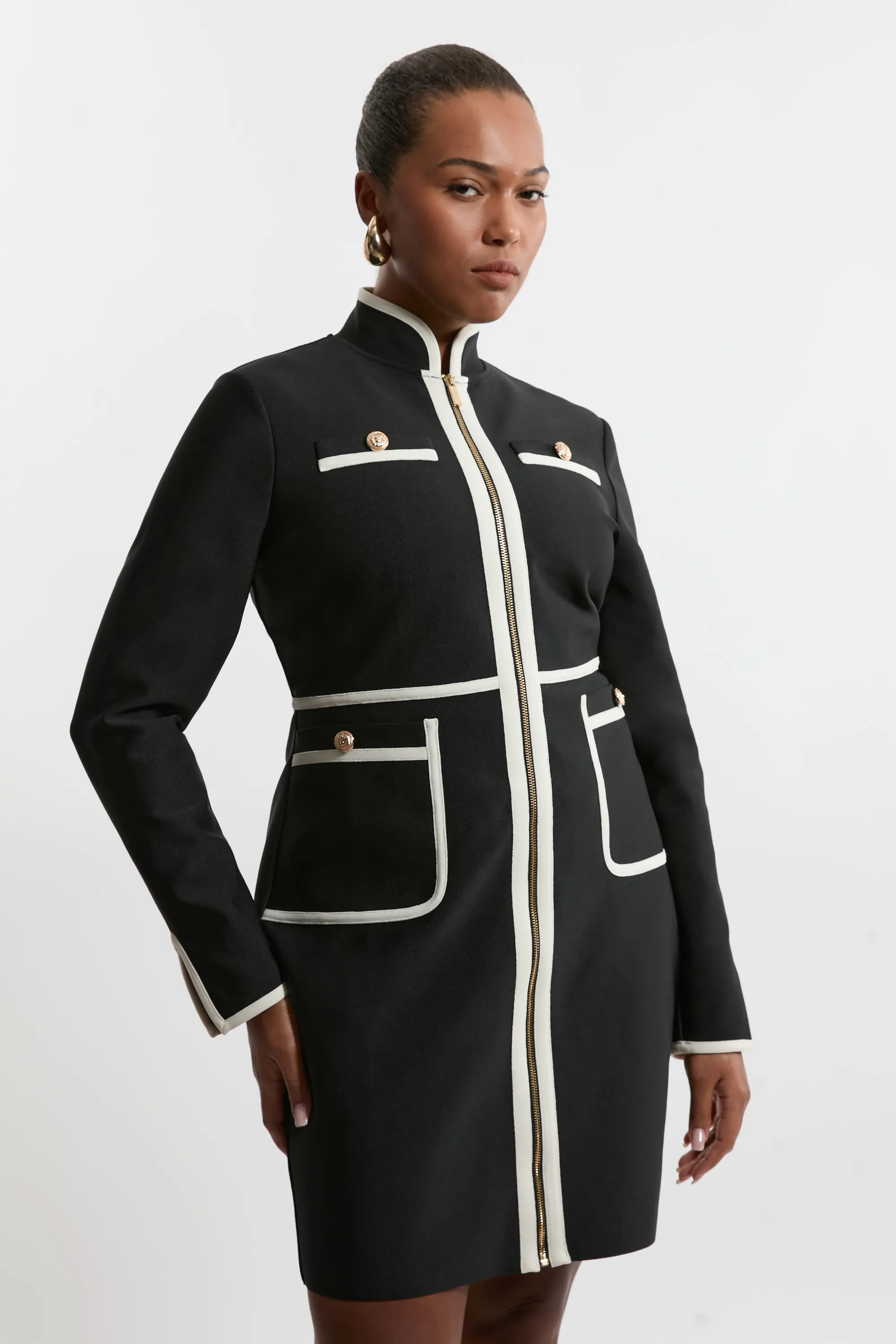 Plus Size Figure Form Bandage Knit Piping Detail Military Dress BKK22098