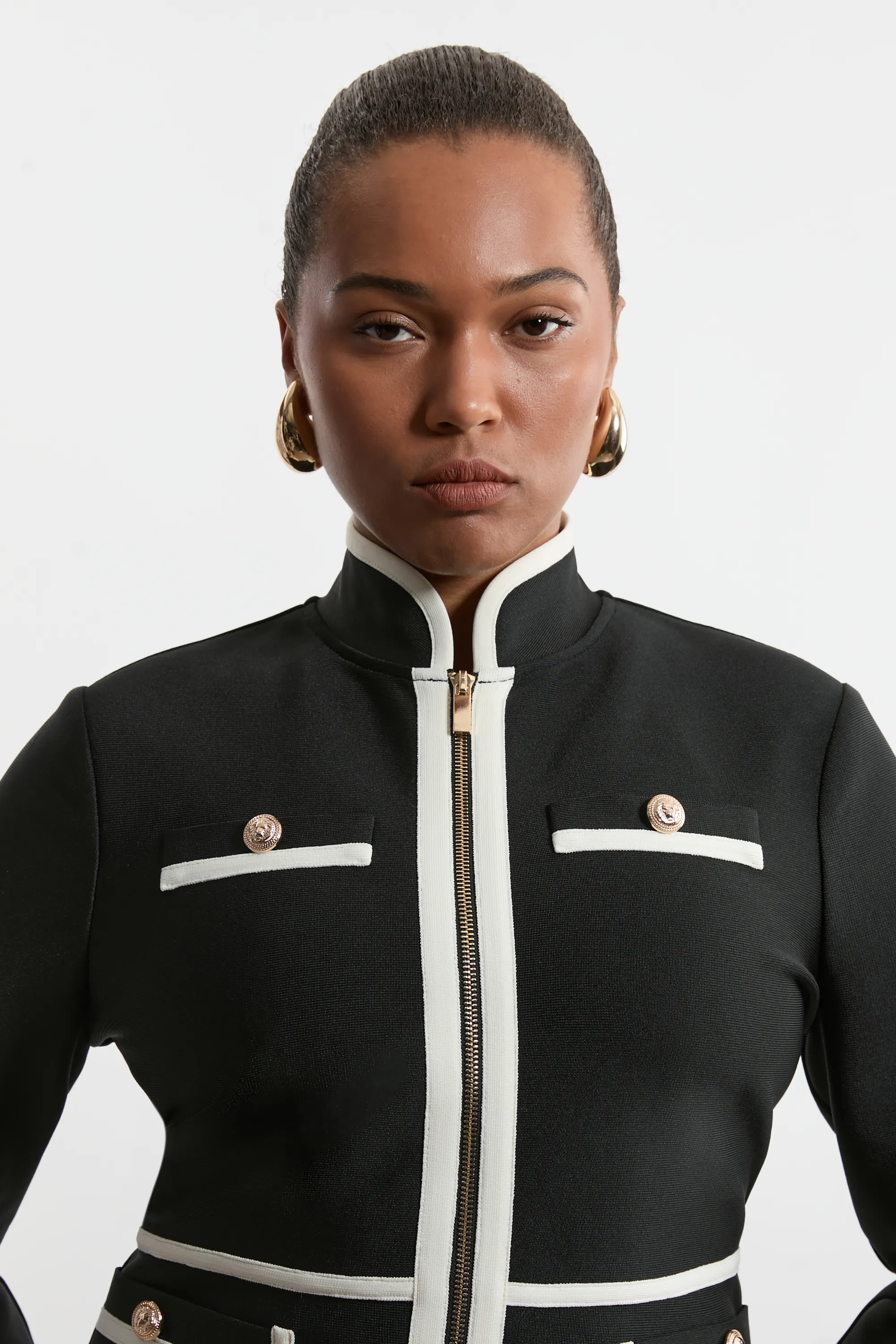 Plus Size Figure Form Bandage Knit Piping Detail Military Dress BKK22098