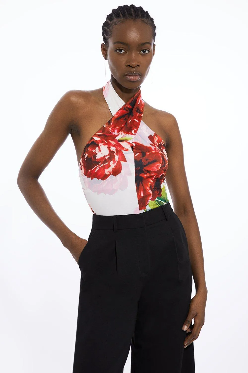 Rose Print Cross Neck Drapey Crepe Jersey Bodysuit BKK18094