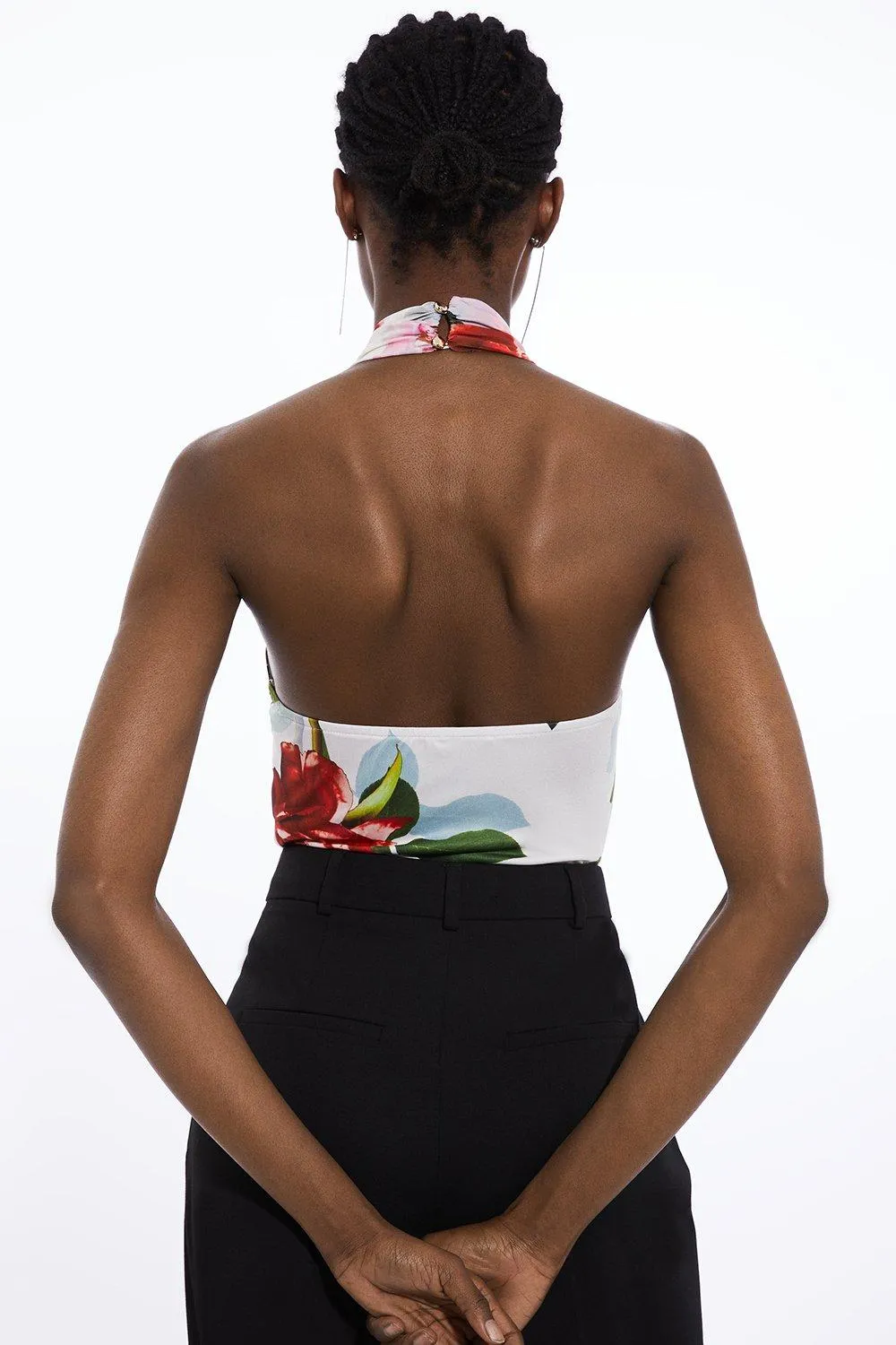 Rose Print Cross Neck Drapey Crepe Jersey Bodysuit BKK18094 5 Rose Print Cross Neck Drapey Crepe Jersey Bodysuit BKK18094