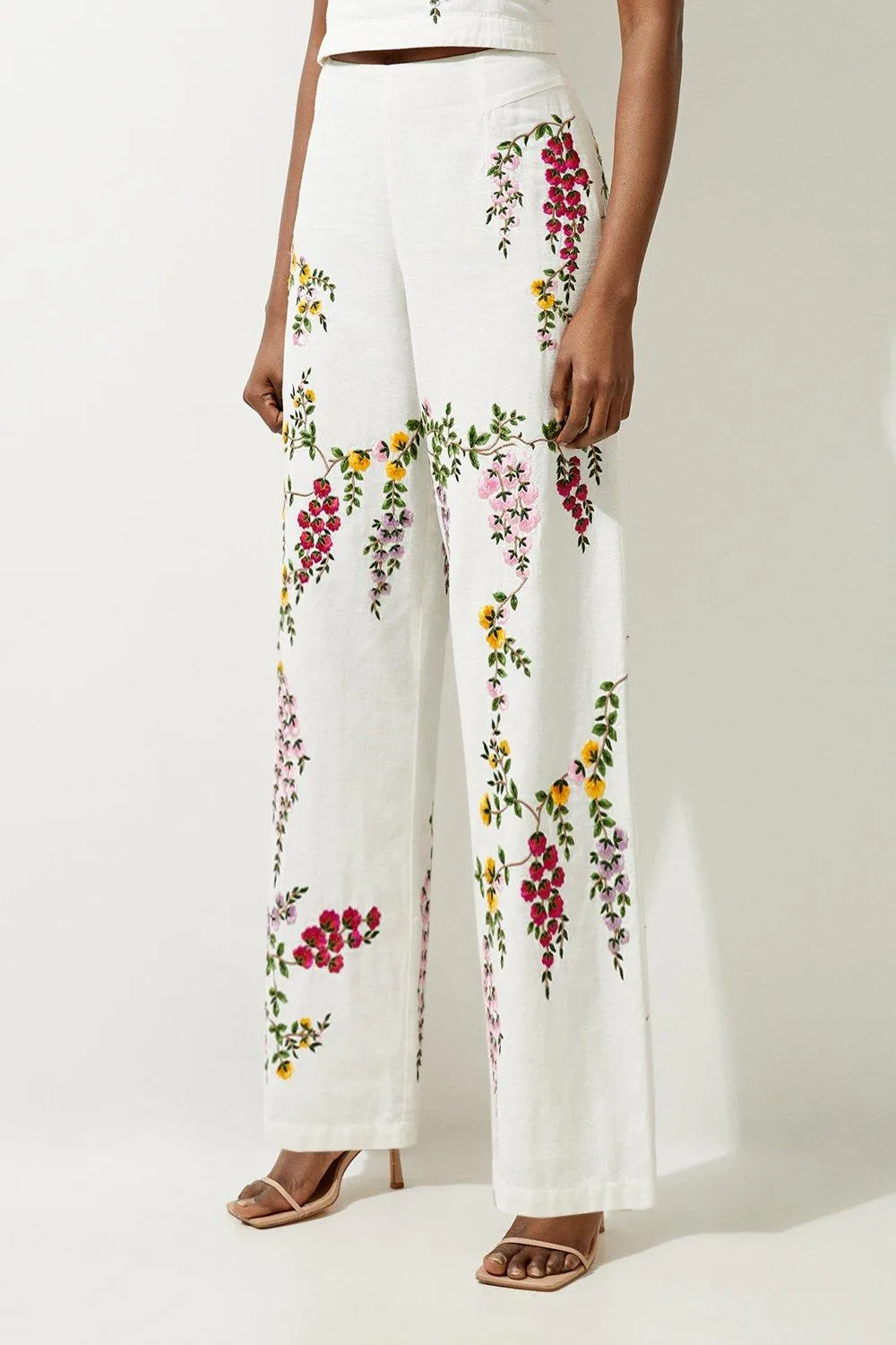 Floral Embroidered Cotton Linen Woven Wide Leg Pants BKK18153