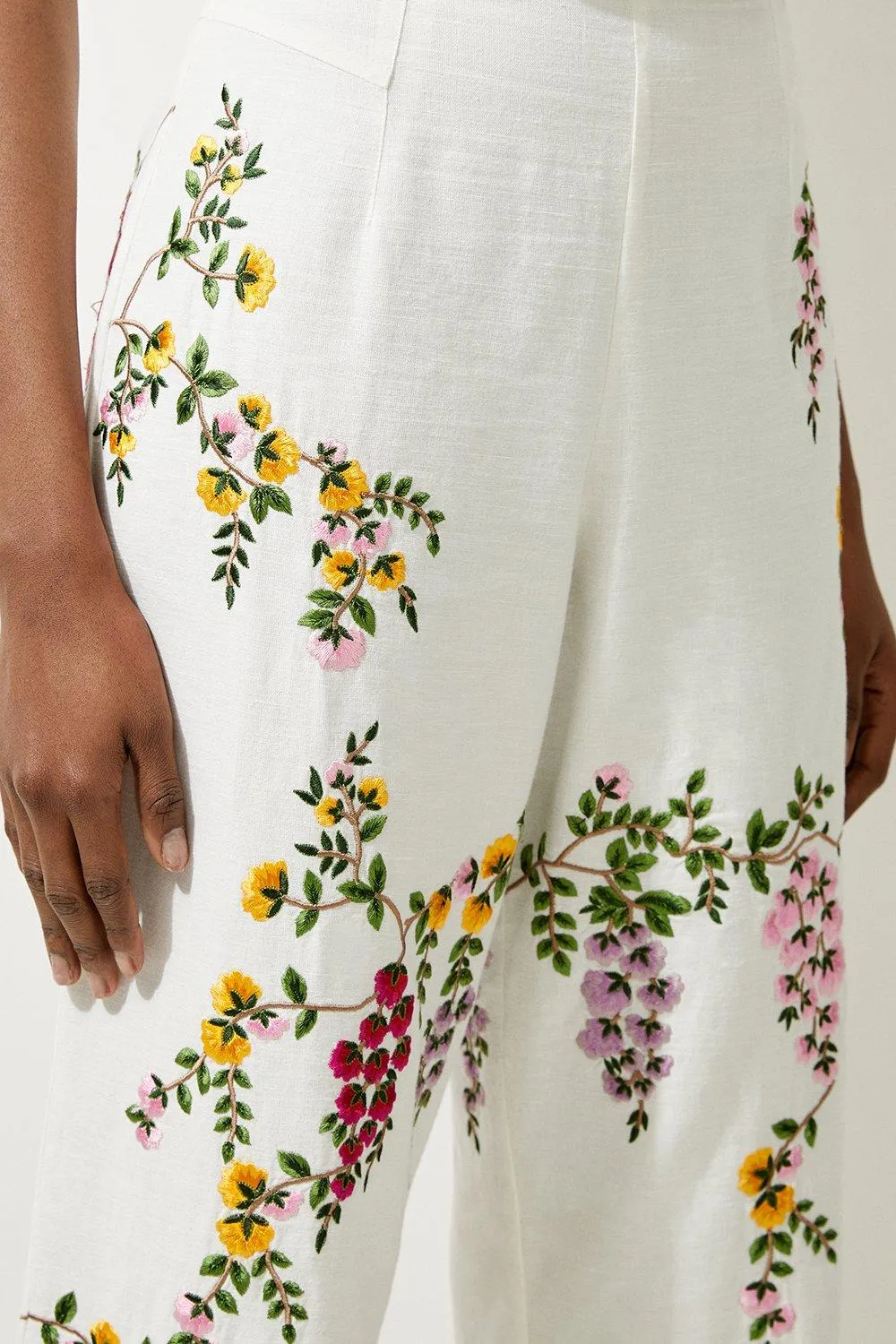 Floral Embroidered Cotton Linen Woven Wide Leg Pants BKK18153