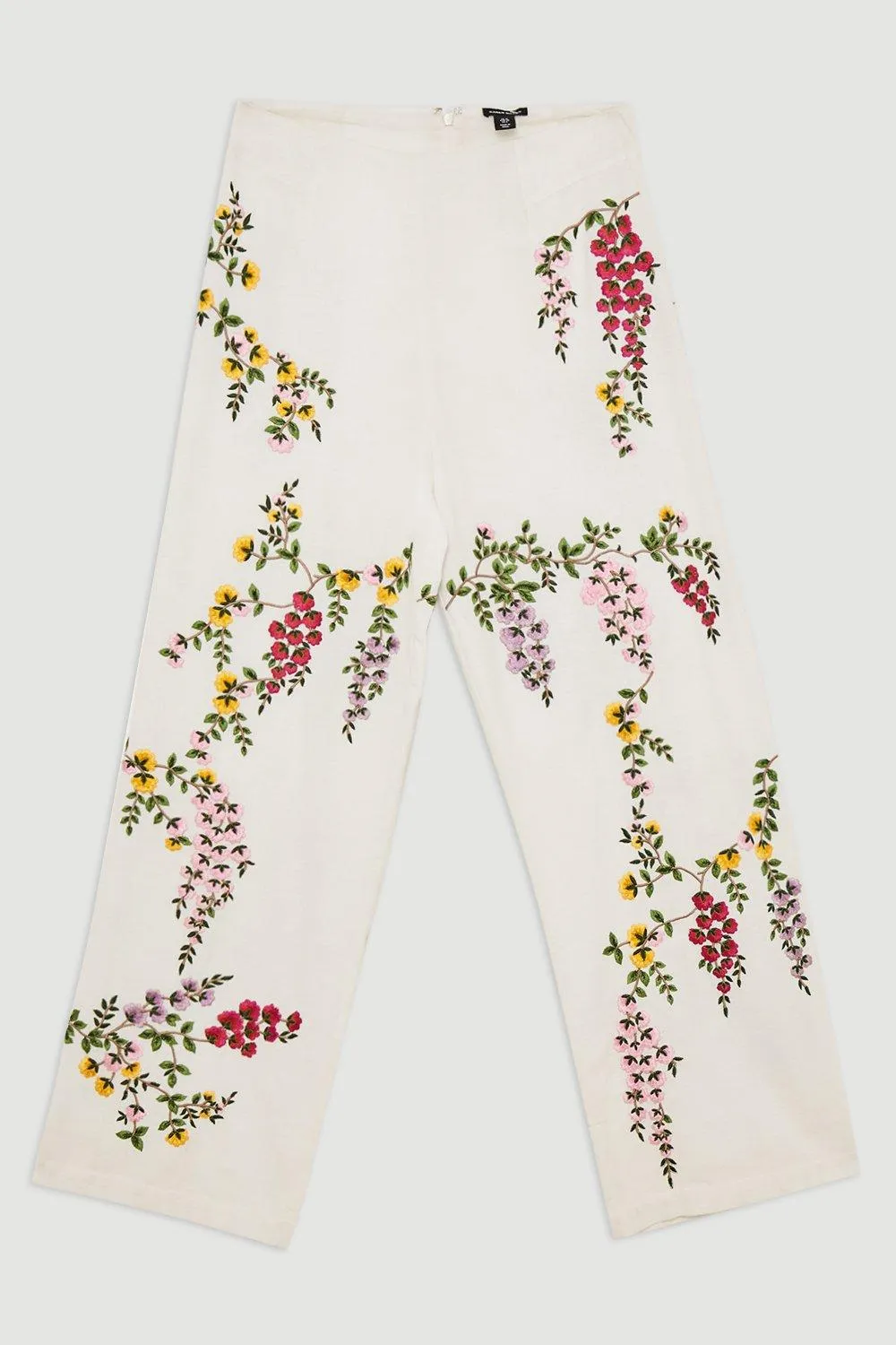 Floral Embroidered Cotton Linen Woven Wide Leg Pants BKK18153
