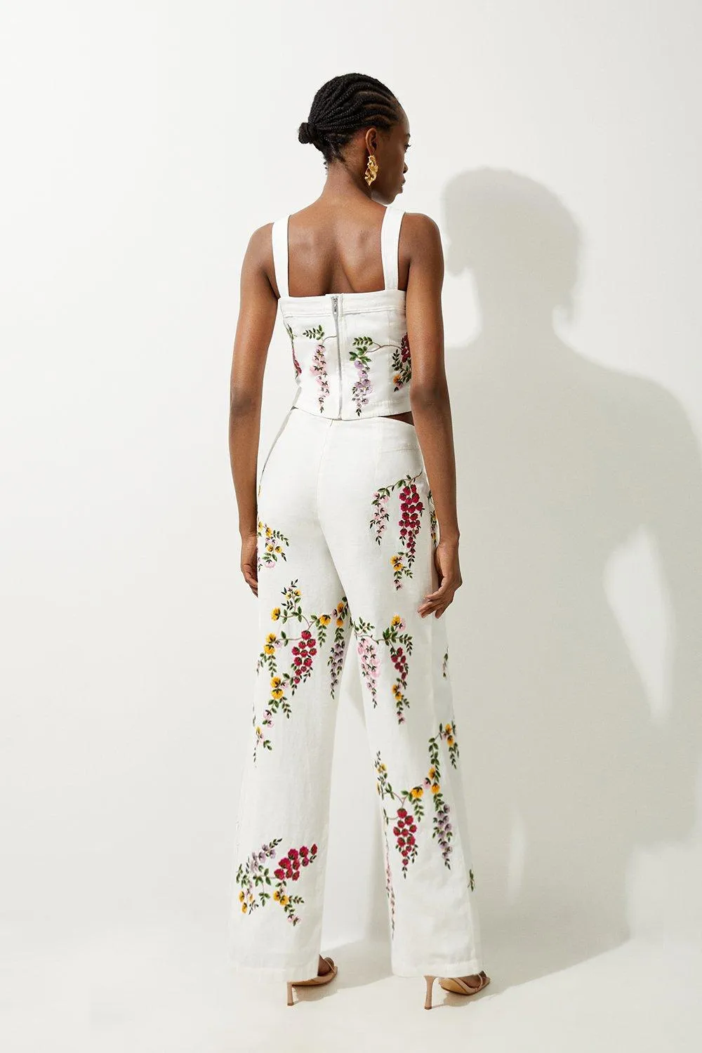 Floral Embroidered Cotton Linen Woven Wide Leg Pants BKK18153