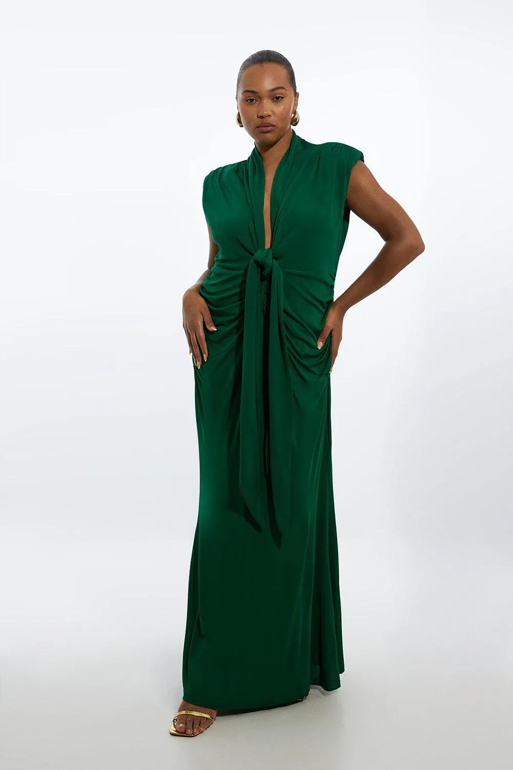 Plus Size Plunge Ruched Twist Jersey Maxi Dress BKK18171